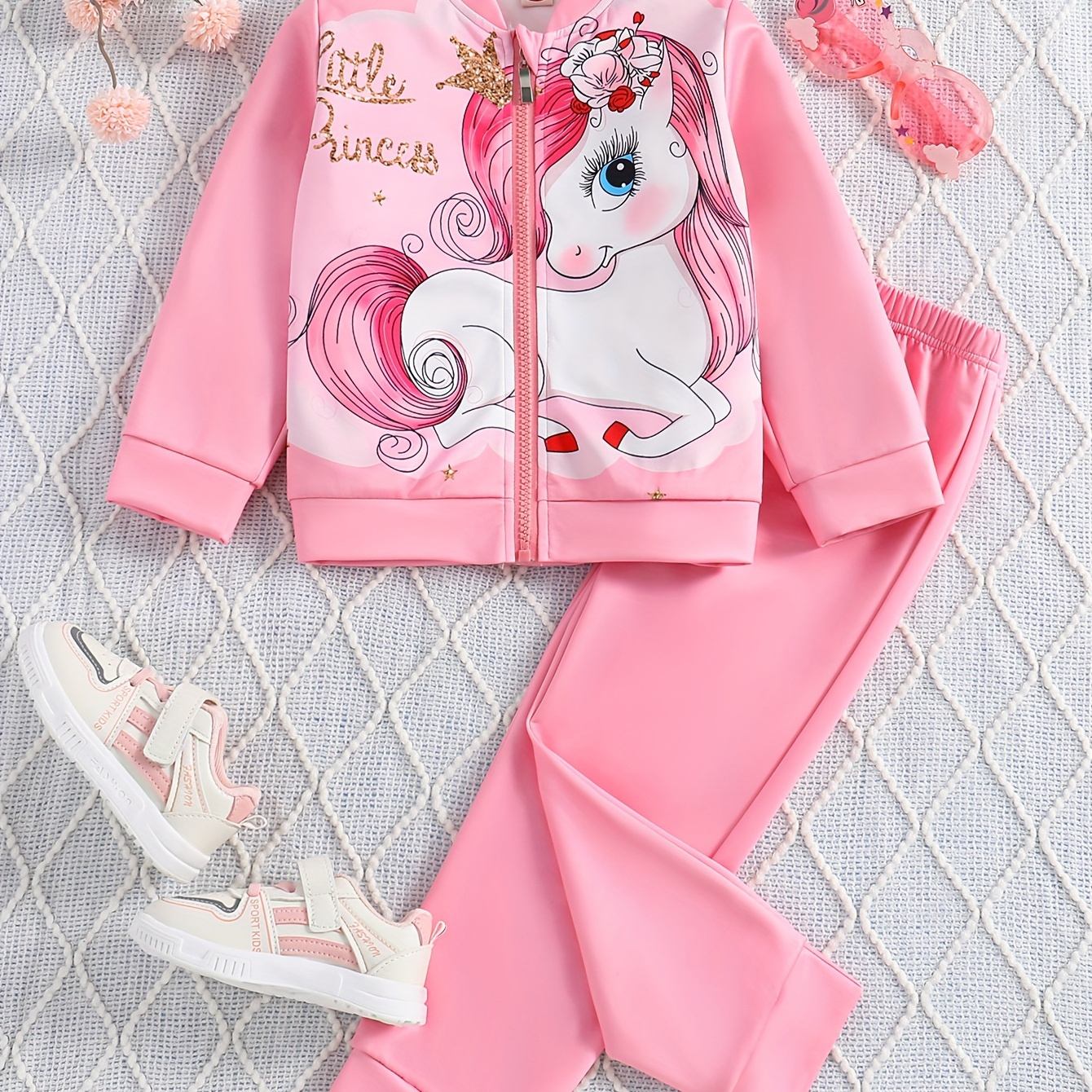 

Cute Toddler Girls 2pc Lovely Unicorn Princess Graphic Zip Jacket + Jogger Pants Set Kids Clothes Spring Fall Gift