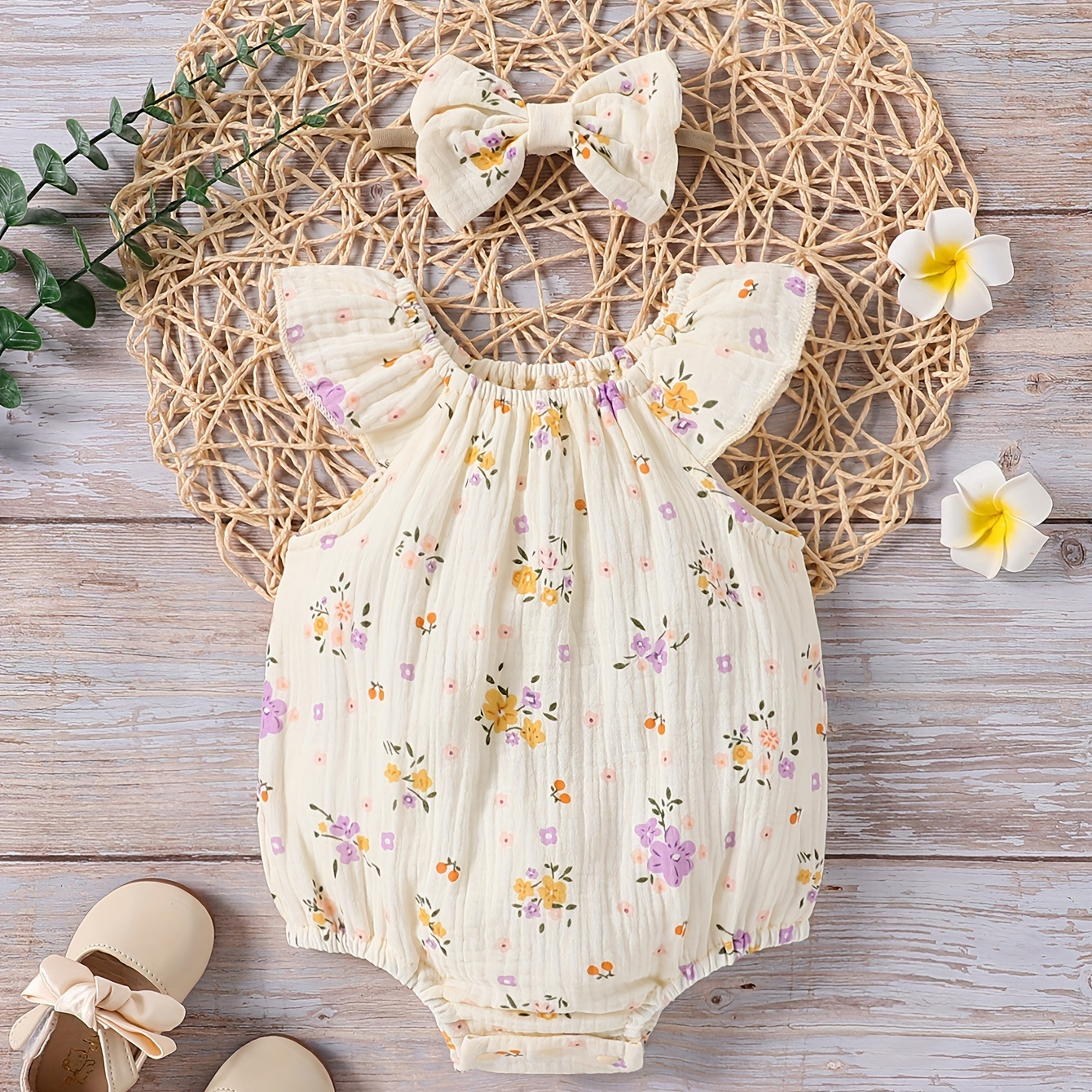

Baby's Comfy Cotton Pastoral Style Cotton Muslin Triangle Bodysuit, Casual Floral Pattern Cap Sleeve Romper, Toddler & Infant Girl's Onesie For Summer, As Gift