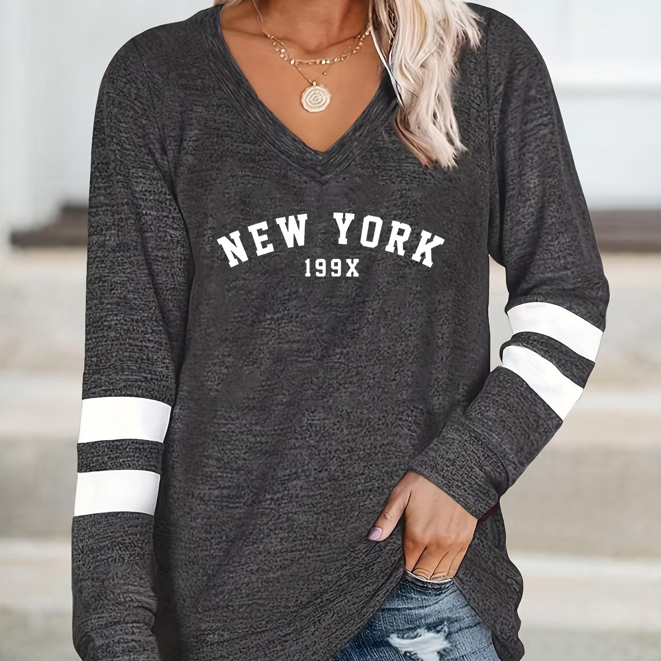 

New York Letter Print T-shirt, Long Sleeve V Neck Casual Top For Spring & Fall, Women's Clothing