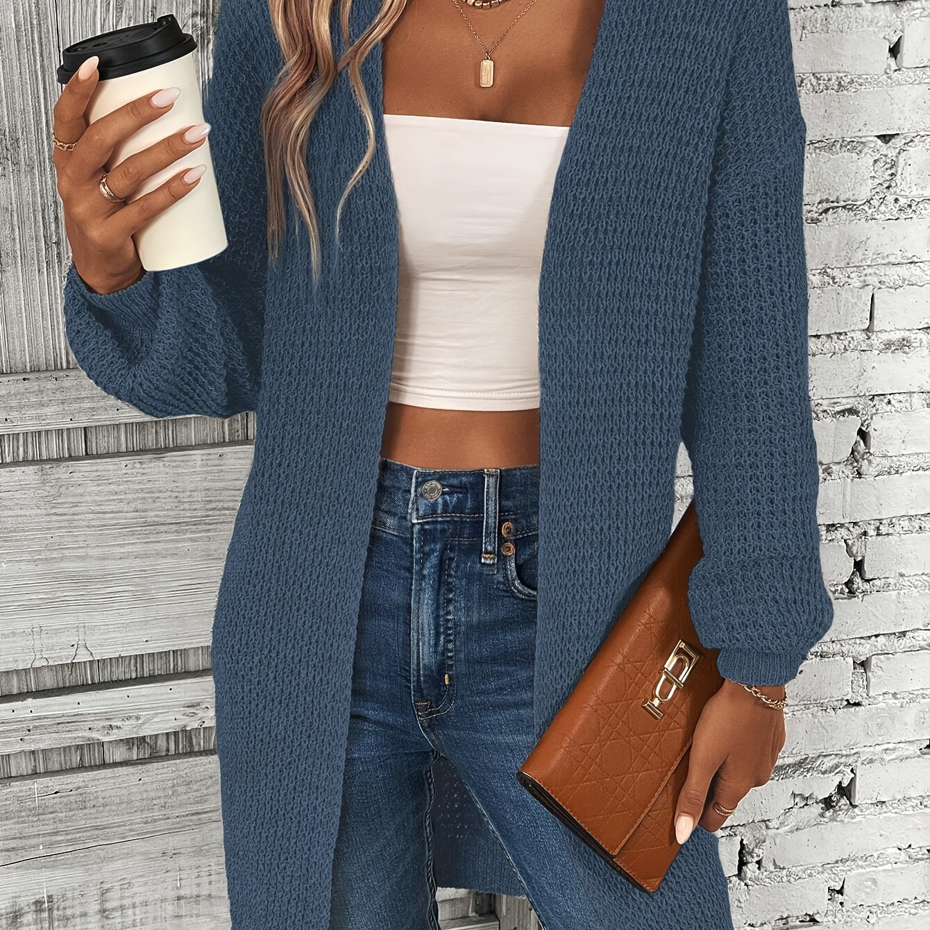 

Open Front Long Sleeve Cardigan, Casual Solid Knitted Cardigan For Spring & Fall, Women's Clothing