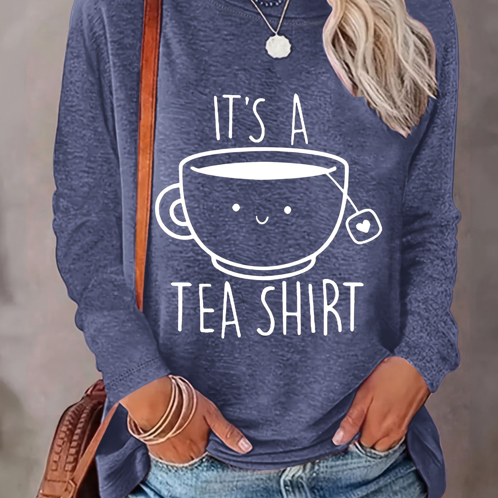 

Tea Print T-shirt, Long Sleeve Crew Neck Casual Top For Spring & Fall, Women's Clothing