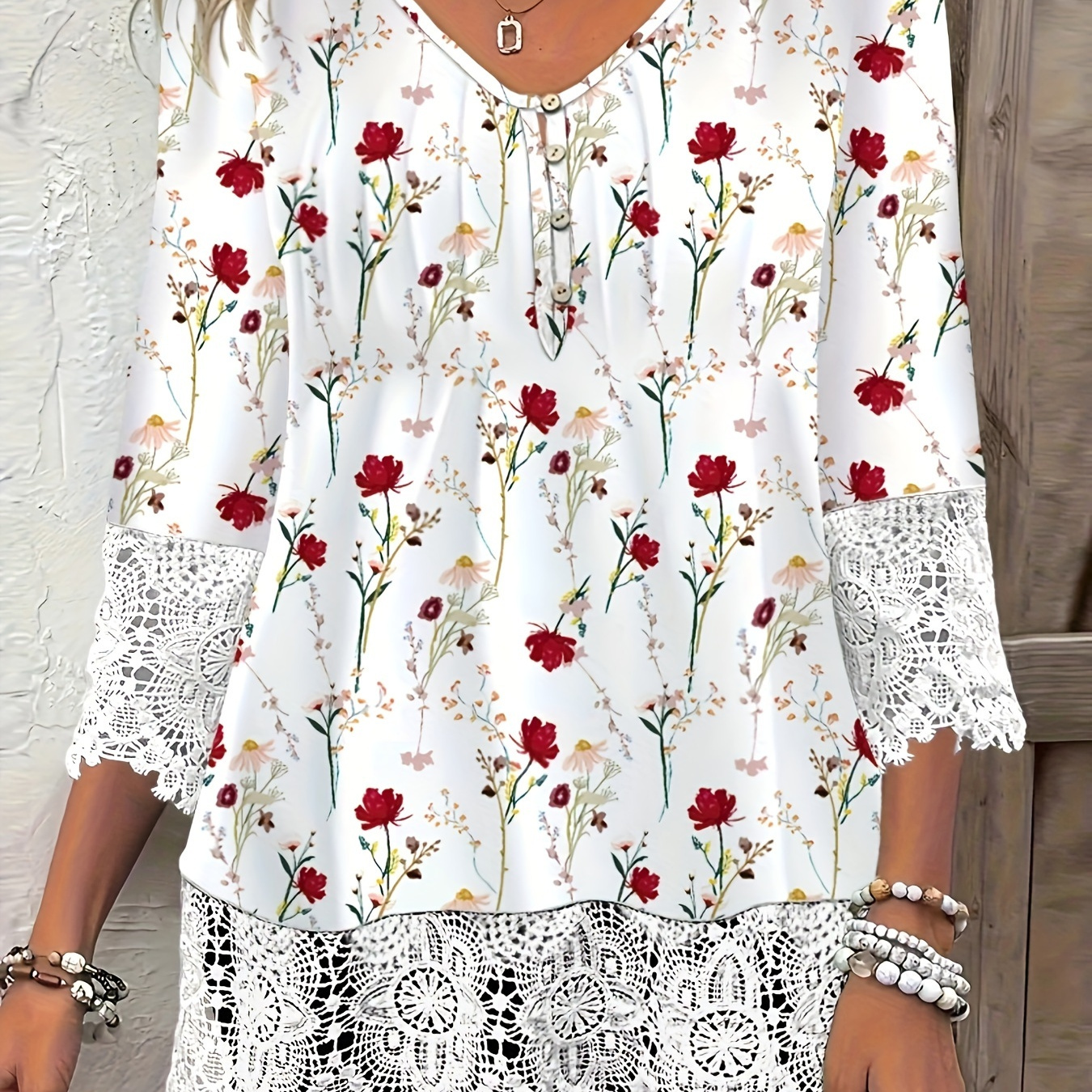 

Elegant Floral Print Lace-trim V-neck T-shirt For Women - Breathable Polyester, Spring/fall