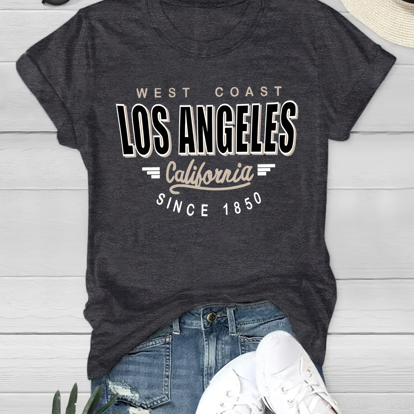 

Los Angeles Letter Print T-shirt, Short Sleeve Crew Neck Casual Top For Summer & Spring, Women's Clothing