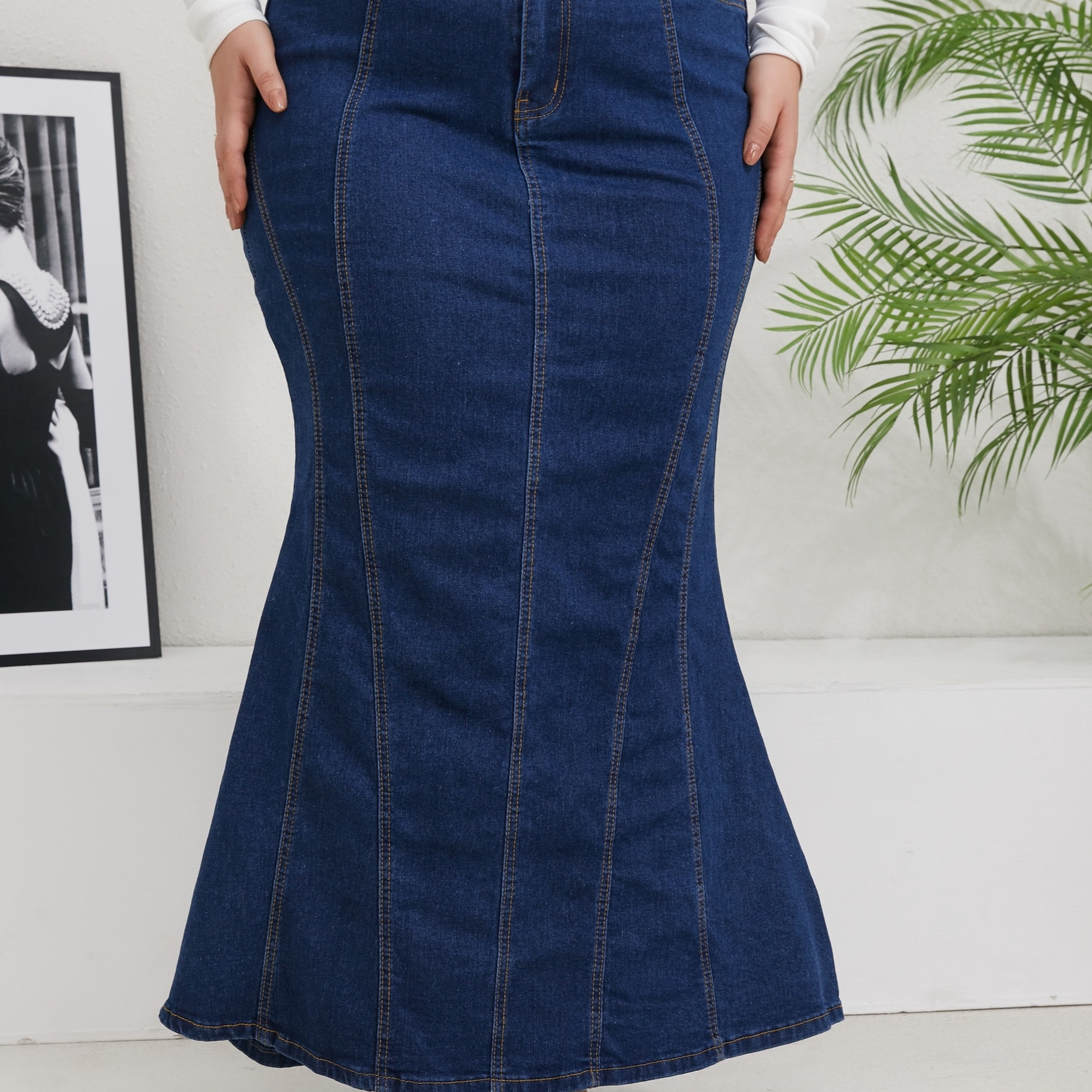 Plus Size Sexy Denim Skirt, Women's Plus Solid Button Fly High Rise Medium Stretch Maxi Mermaid Dress