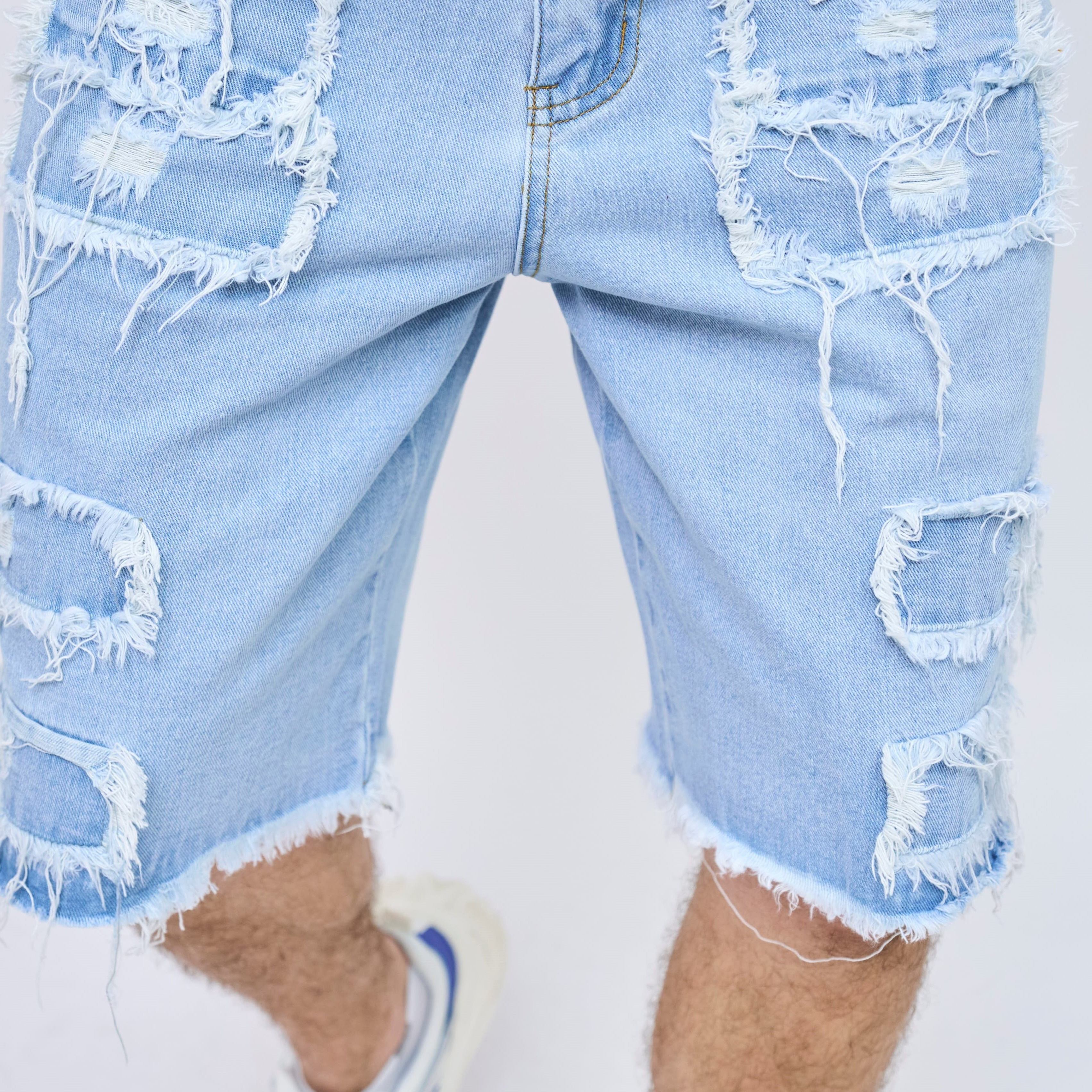 

Plus Size Men's Cotton Denim Shorts, Multi-pockets Distressed Ripped Jeans With Frayed Hem