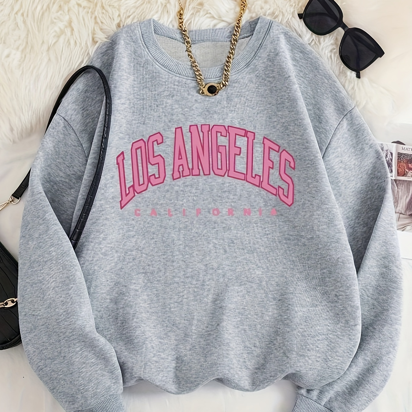 

Los Angeles Print Pullover Sweatshirt, Casual Long Sleeve Crew Neck Sweatshirt For Fall & Winter, Women's Clothing