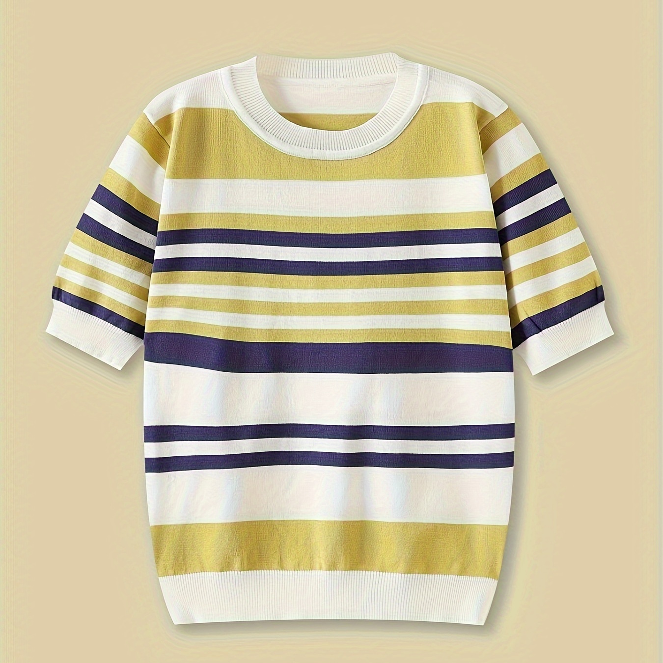 

Striped Color Block Pullover Sweater, Casual Short Sleeve Knitted Sweater For Spring & Summer, Women's Clothing