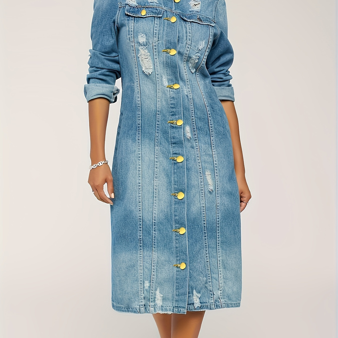 

Long Denim Jacket With Worn Holes, Long Denim Trench Coat For Women