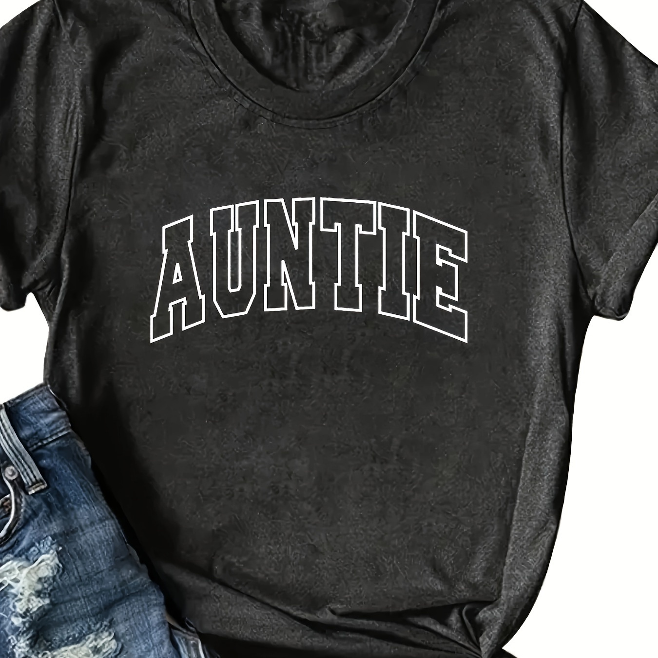 

Auntie Print Crew Neck T-shirt, Casual Short Sleeve Summer Top, Women's Clothing