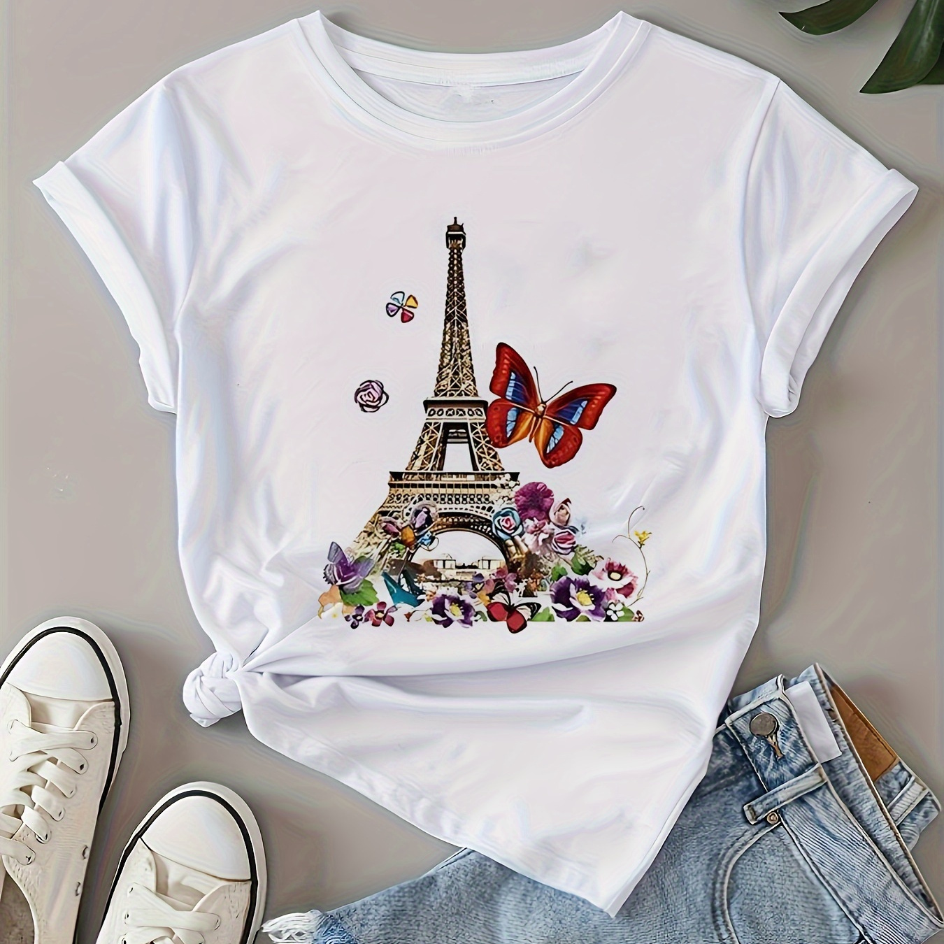 

Paris Eiffel Tower Print Crew Neck T-shirt, Short Sleeve Casual Top For Spring & Summer, Women's Clothing