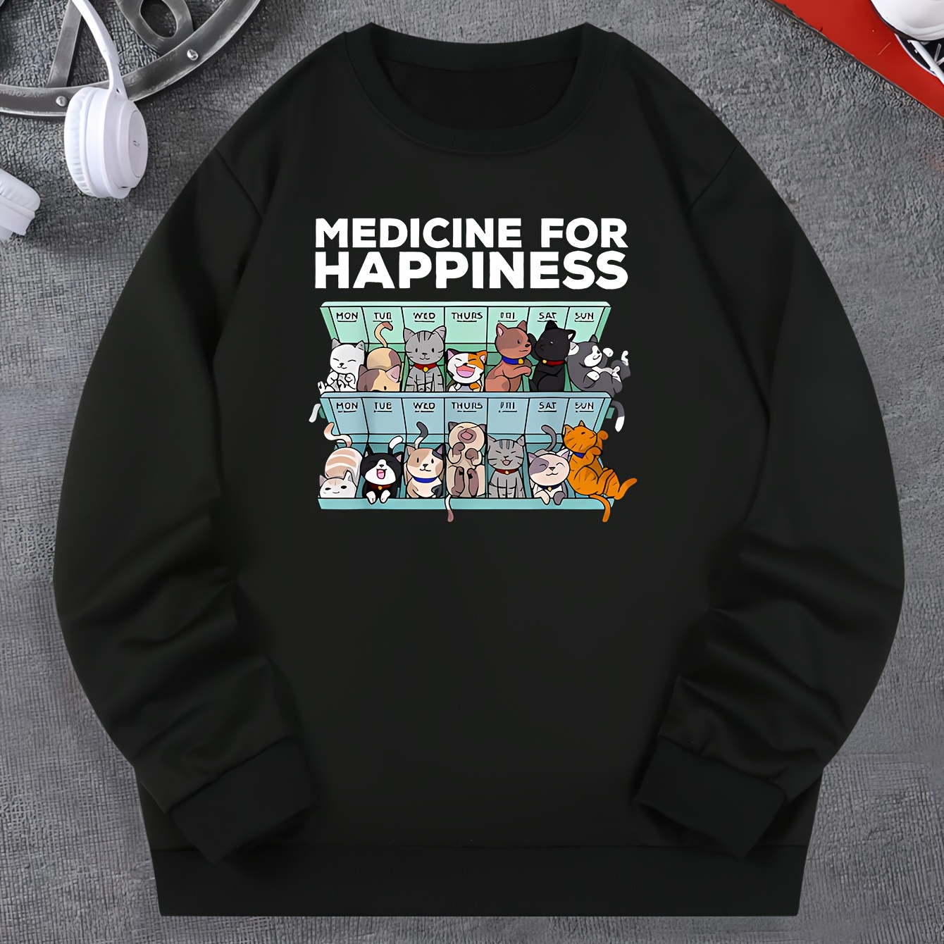 

Medicine For Happiness And Box Of Cats Print, Men's Trendy Sweatshirt, Casual Graphic Design Pullover With Crew Neck For Men For Fall And Winter