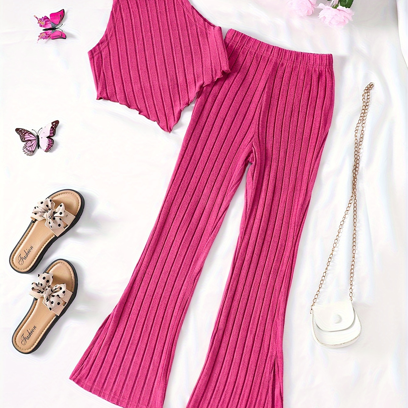 

Girl's 2pcs Trendy Outfit, Lettuce Trim Halter Top & Flare Leg Pants Set For Spring Summer Fall