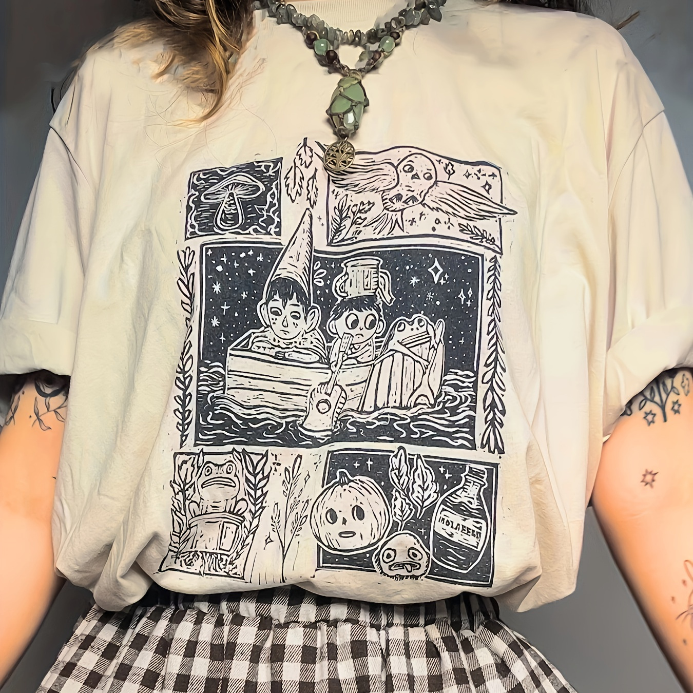 

Cartoon Neck T-shirt, Casual Short Sleeve Top For , Women's Clothing