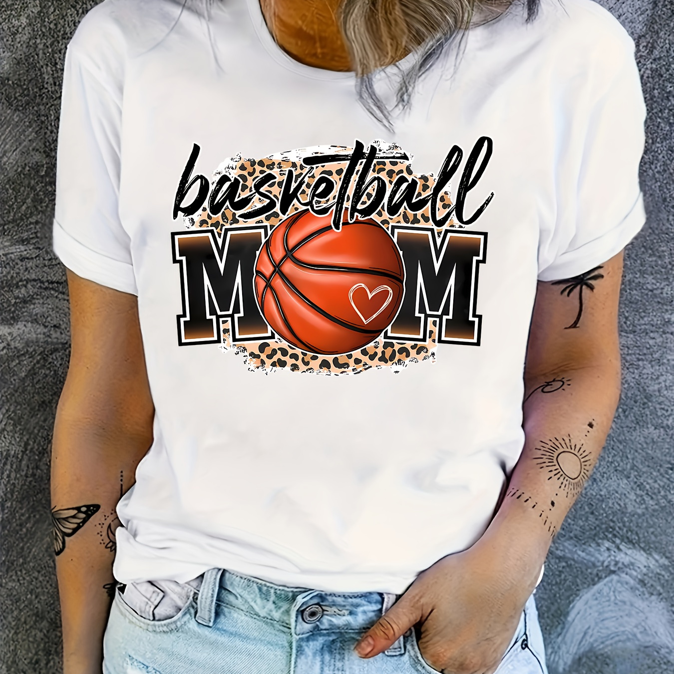 

1pc Women's Basketball Mom Polyester T-shirt, Casual Crew Neck Short Sleeve Top With Letter Print, Knit Fabric Alphabet Pattern, Regular Length For Spring & Fall