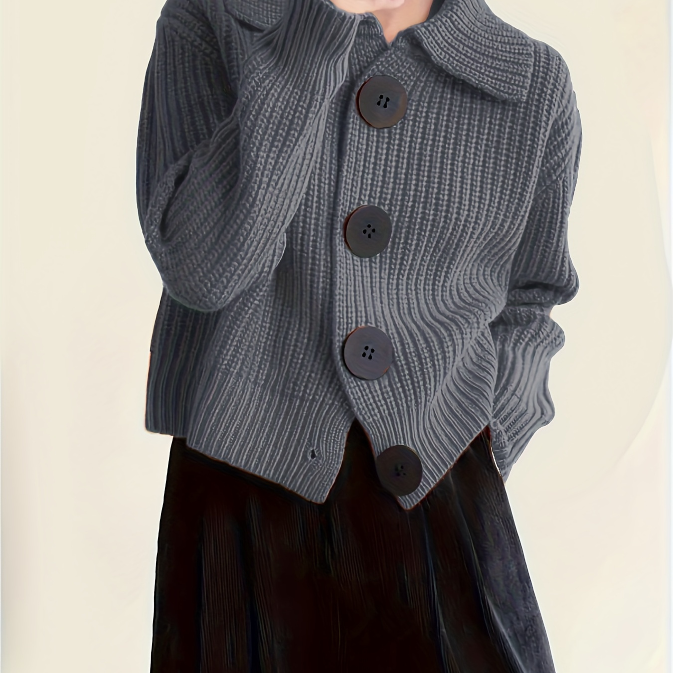 

Cardigan Col Roulé Élégant et Surdimensionné - Pull en Uni Chic avec Grands Boutons, pour /Hiver - Mode Femme