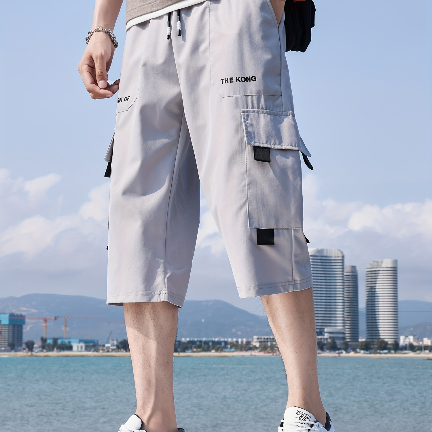 

Men's Loose Solid Cargo Shorts With Multi Pockets, Casual Drawstring Shorts For Summer