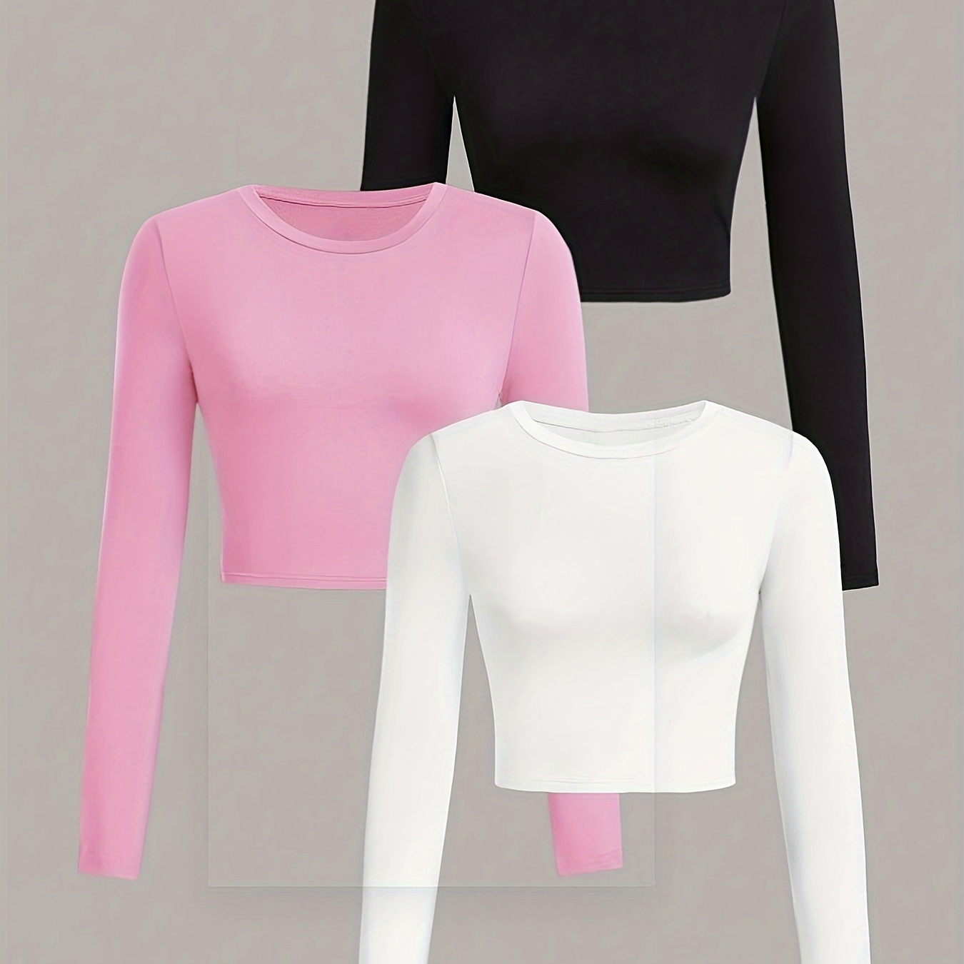 

Solid Color Crop T-shirt 3 Pack, Versatile Crew Neck Long Sleeve Crop Simple Top, Women's Clothing