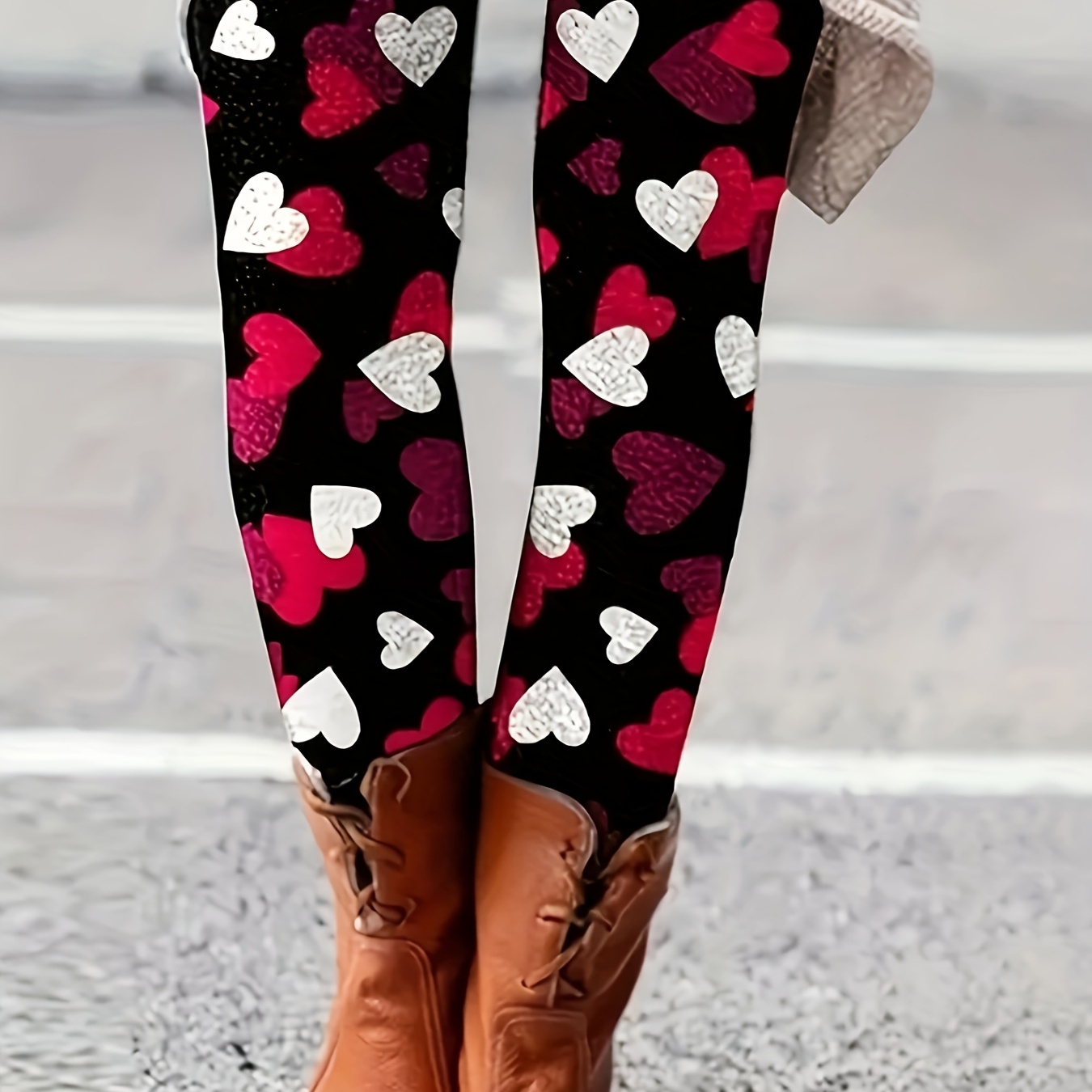 

Women's High-waist Heart Print Stretch Leggings - Casual Knit Skinny Pants With Glittery On Black Background, Comfortable Polyester For Spring/summer/fall