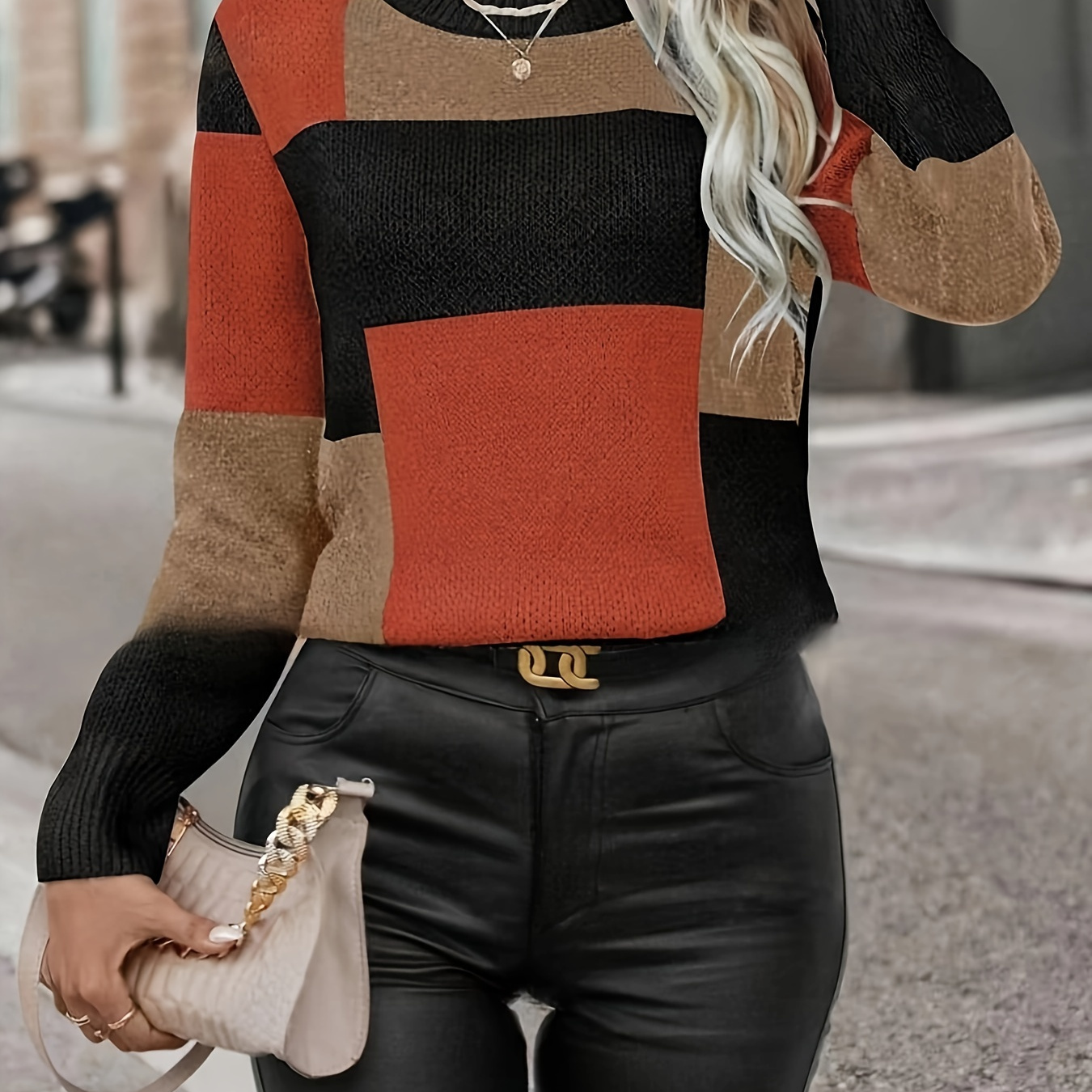 

Women's Casual Knit Pullover Sweater With Round Neck, Acrylic Fabric, Geometric Pattern, Autumn/winter Fashion