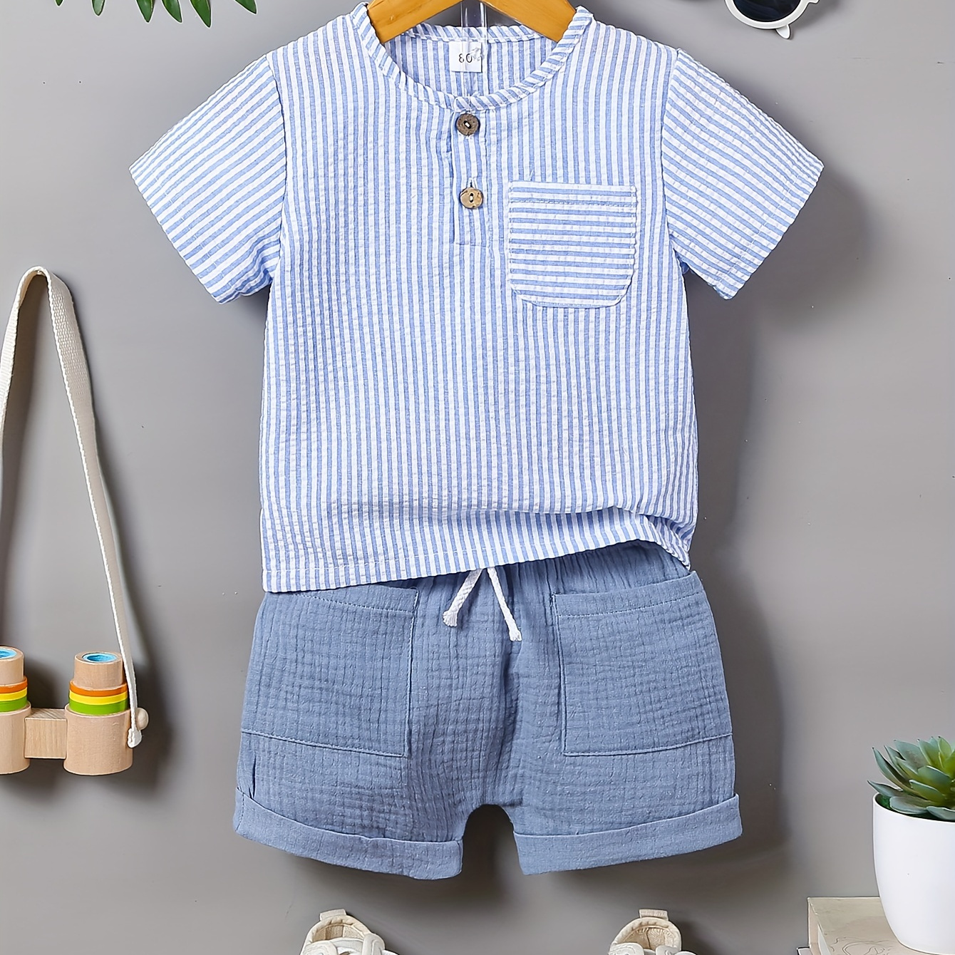 TEMU 2pcs Infant & Toddler's Vertical Stripe Pattern Casual Muslin Outfit, Button Decor Short Sleeve & Elastic Waist Shorts, Baby Boy's Clothes