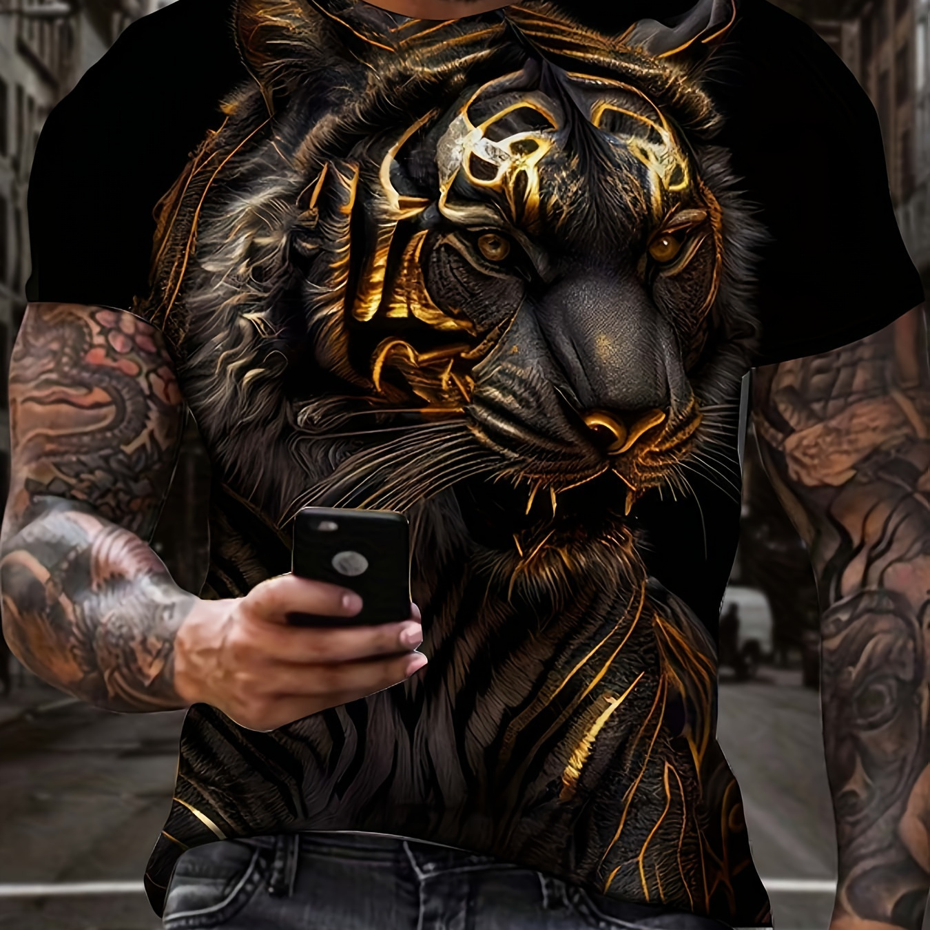 

Stylish Tiger 3d Digital Pattern Print Men's Graphic T-shirt, Causal Comfy Tees, Short Sleeve Pullover Tops, Men's Summer Outdoor Clothing