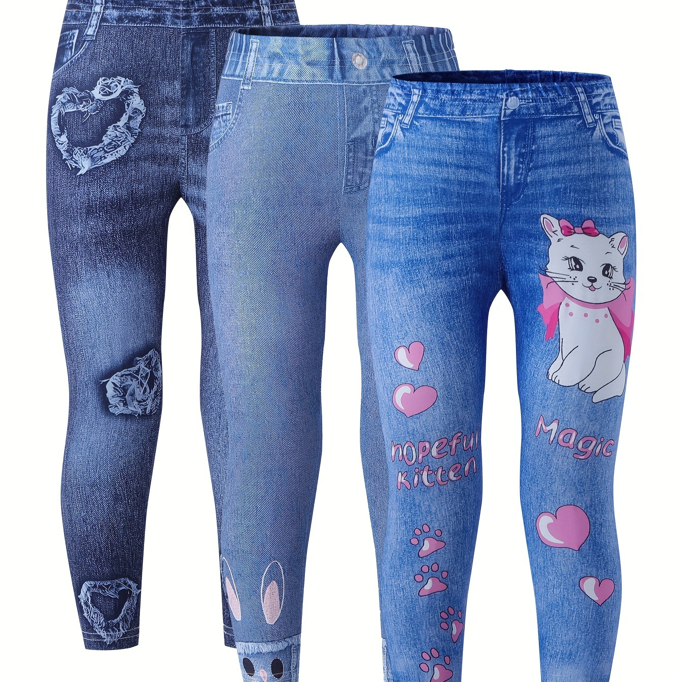 

Girls 3pcs/set Casual & Comfy & Stylish Cat/heart/imitation Denim Print Leggings For Spring & Summer