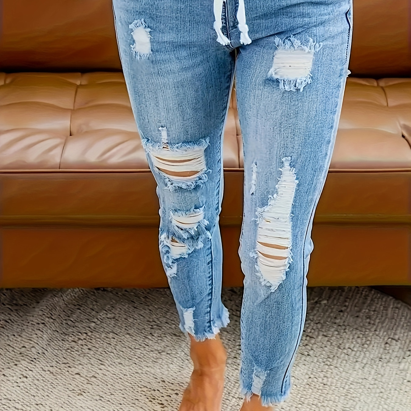 

Plus Size Ripped Raw Hem Plain Washed Blue Versatile Jeans Denim Pants, Women's Denim Jeans & Clothing
