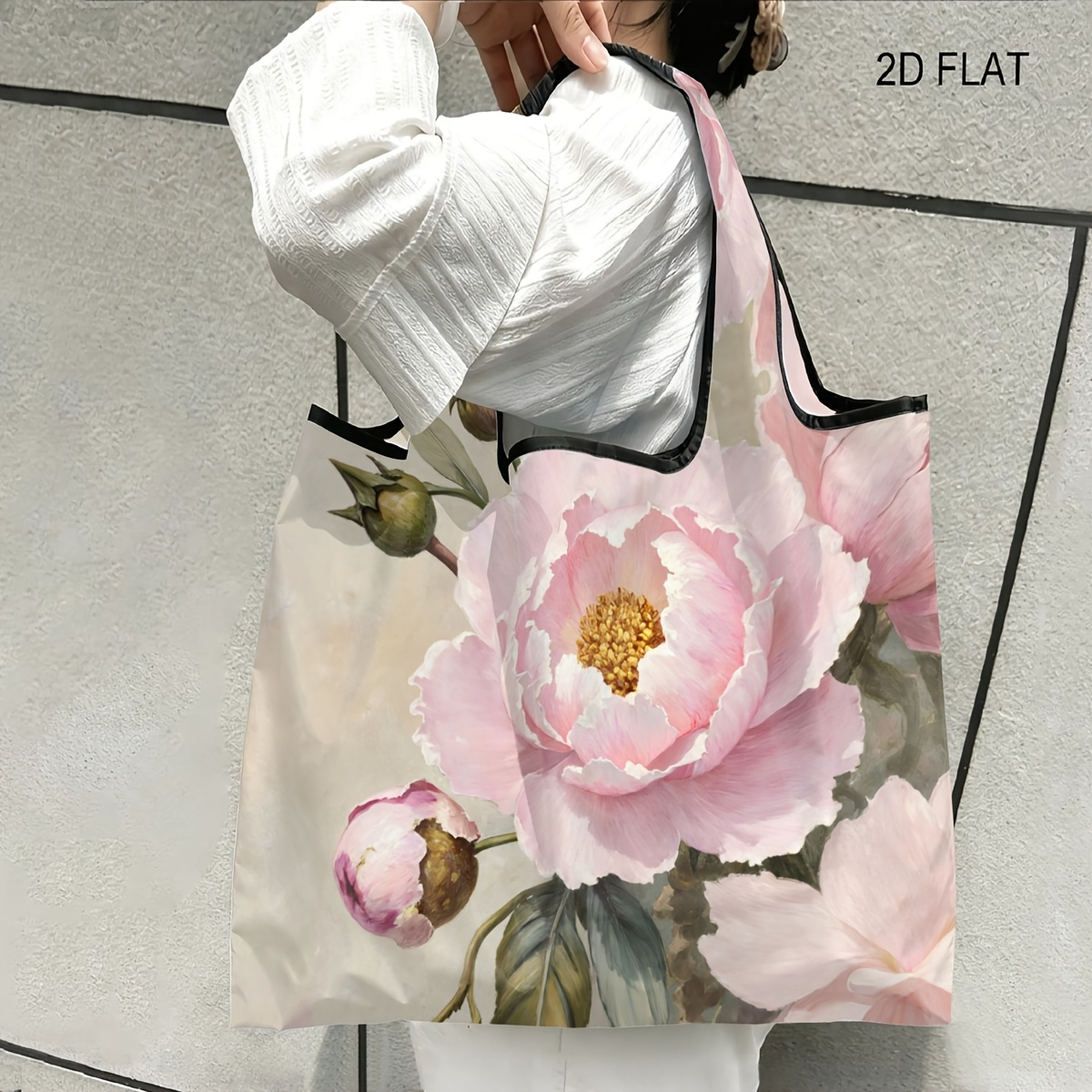 TEMU 1pc Pink Peony Watercolor Painting With Green Leaves And Golden On Cute Theme, Foldable Shopping Bag, Lightweight Portable Grocery Tote, Compact