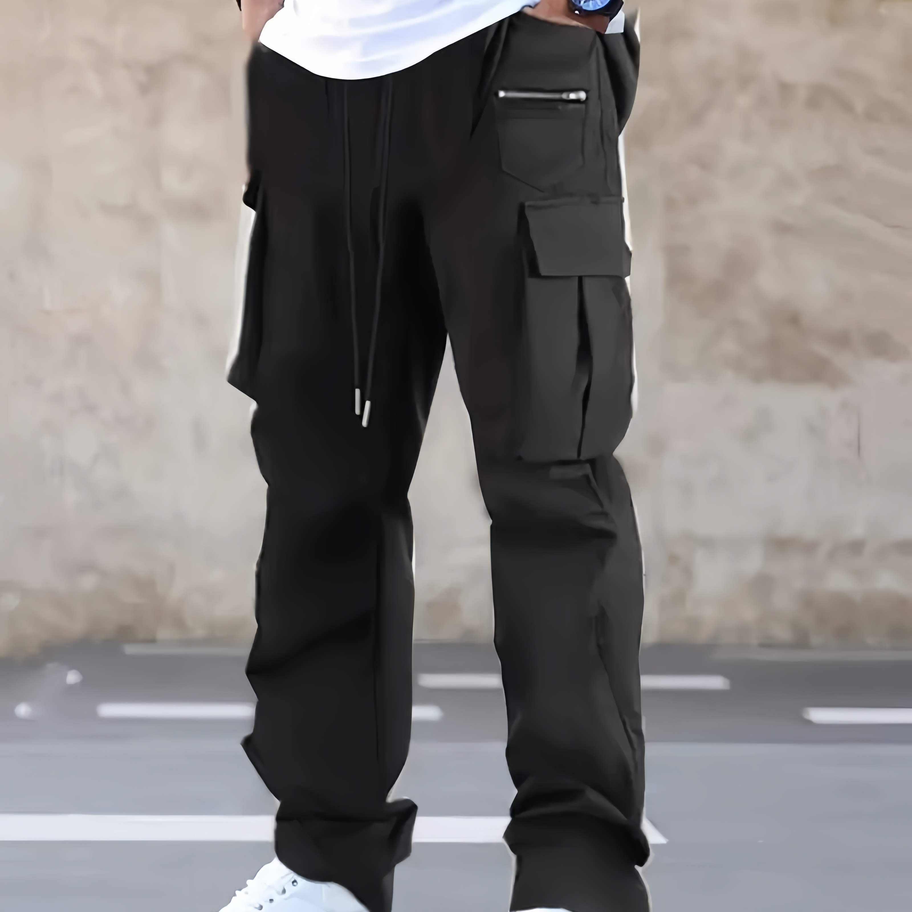 

Men's Fashion Cargo Pants, Casual Loose Fit, Solid Color, Elastic Waist, Multi-pocket, Polyester 100%, Non-stretch Fabric, Regular Length, , For Spring/fall Weekend Casual Wear