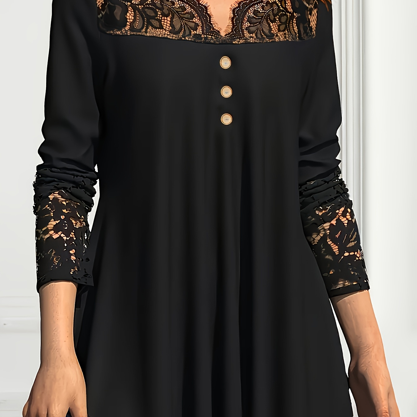 

Plus Size Elegant Black V-neck Top With Floral Lace Detail - Long Sleeve, Semi-sheer Stretch Fabric, Chic Mesh For