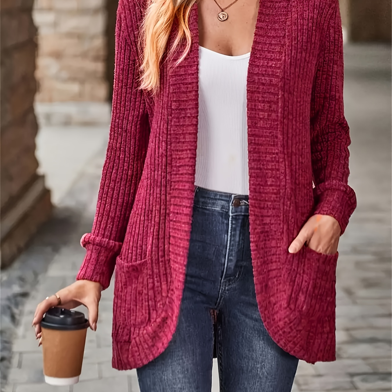 

Solid Color Open Front Pockets Cardigan, Versatile Long Sleeve Knit Cardigan For Spring & Fall, Women's Clothing