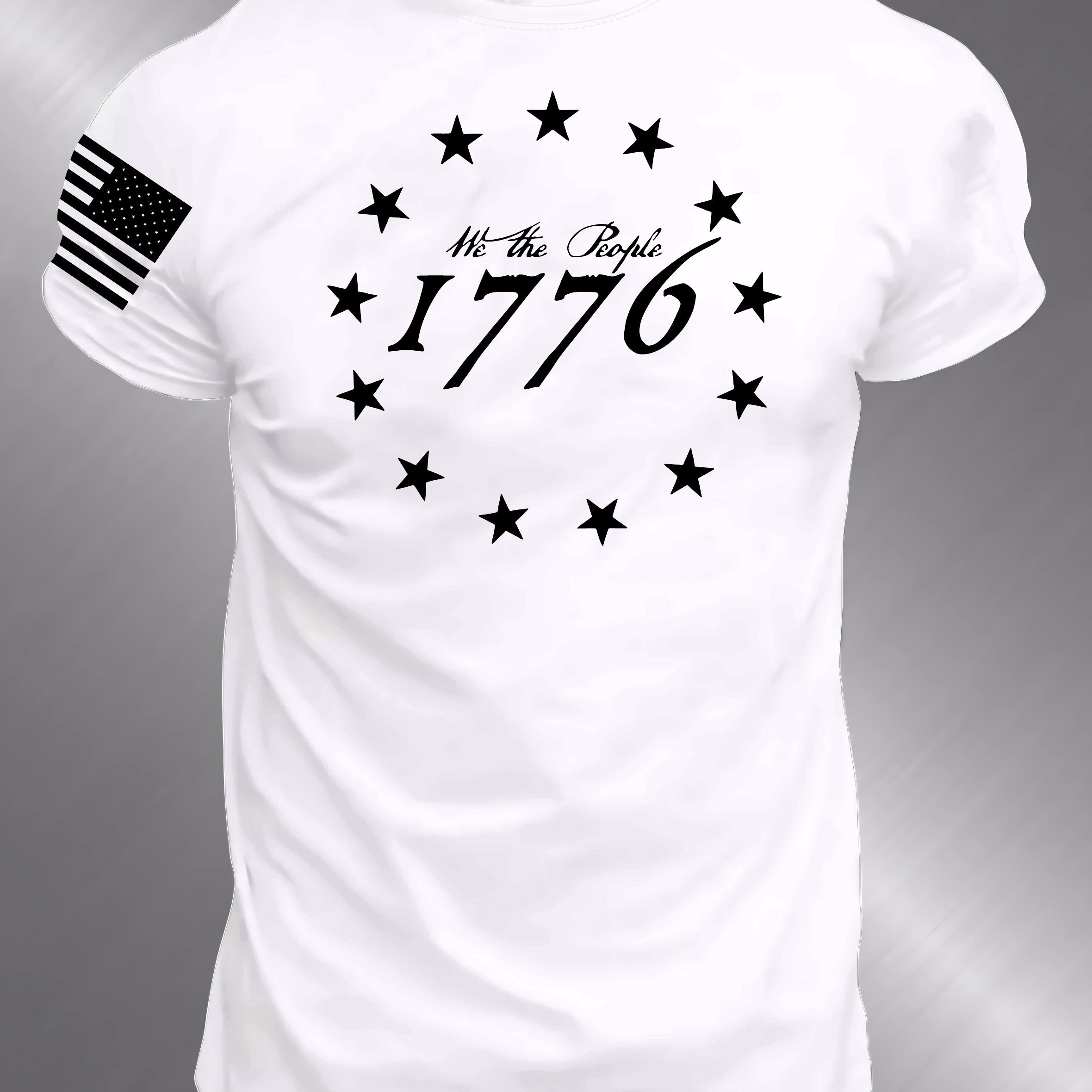 

1776 Stars Print Plus Size Men's Crew Neck Trendy T-shirt, Comfortable Top For Big & Tall