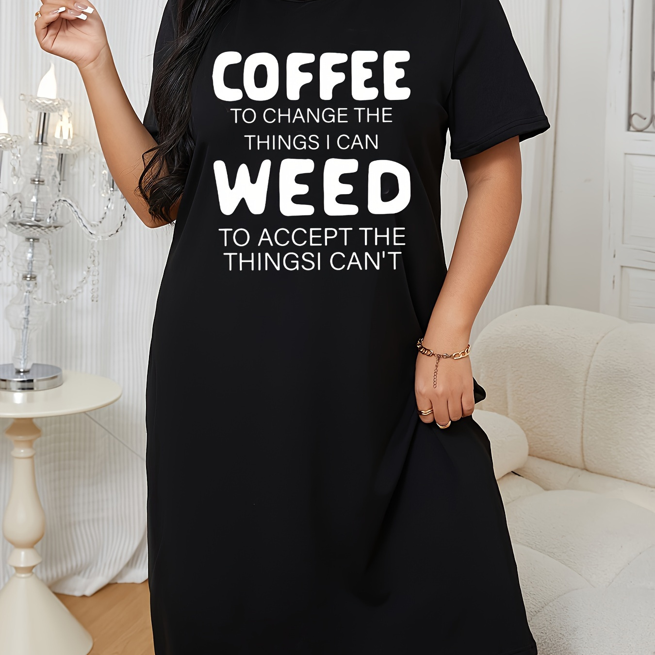 

Women's Casual Black Nightdress With Slogan Print - "coffee To Change The Things I Accept" Design, Loose Fit, Round Neck, Over-the-knee Length With Side Slit, Soft Polyester Knit, Home Or Days, Szg