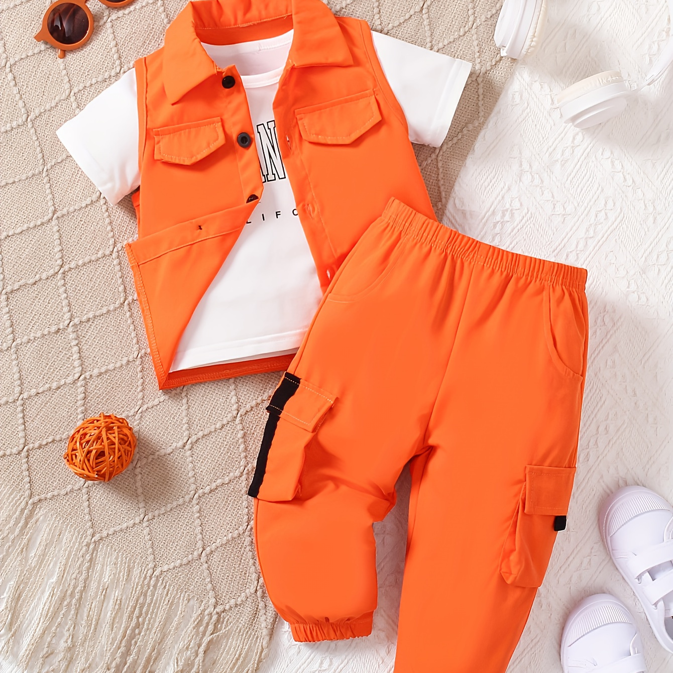 

3pcs Baby Girls Boys Streetwear Set, Casual Orange Vest, Letter Print T-shirt & Long Pants, Summer Outfit, Casual Style