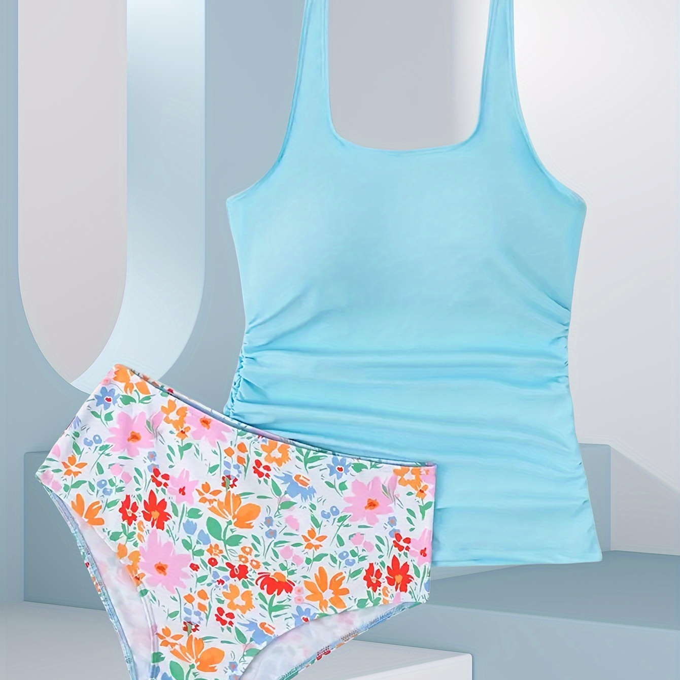 

Floral Print 2 Piece Set Tankini, Adjustable Straps Hight Cut Swimsuits, Women's Swimwear & Clothing