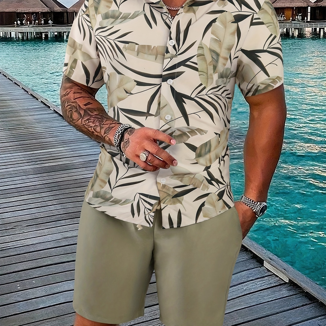 

Men's Tropical Floral Pattern Print Lapel Shirt With Short Sleeve And Button Down Placket, Casual And Trendy Tops For Men, Suitable For Summer Leisurewear And Beach Vacation