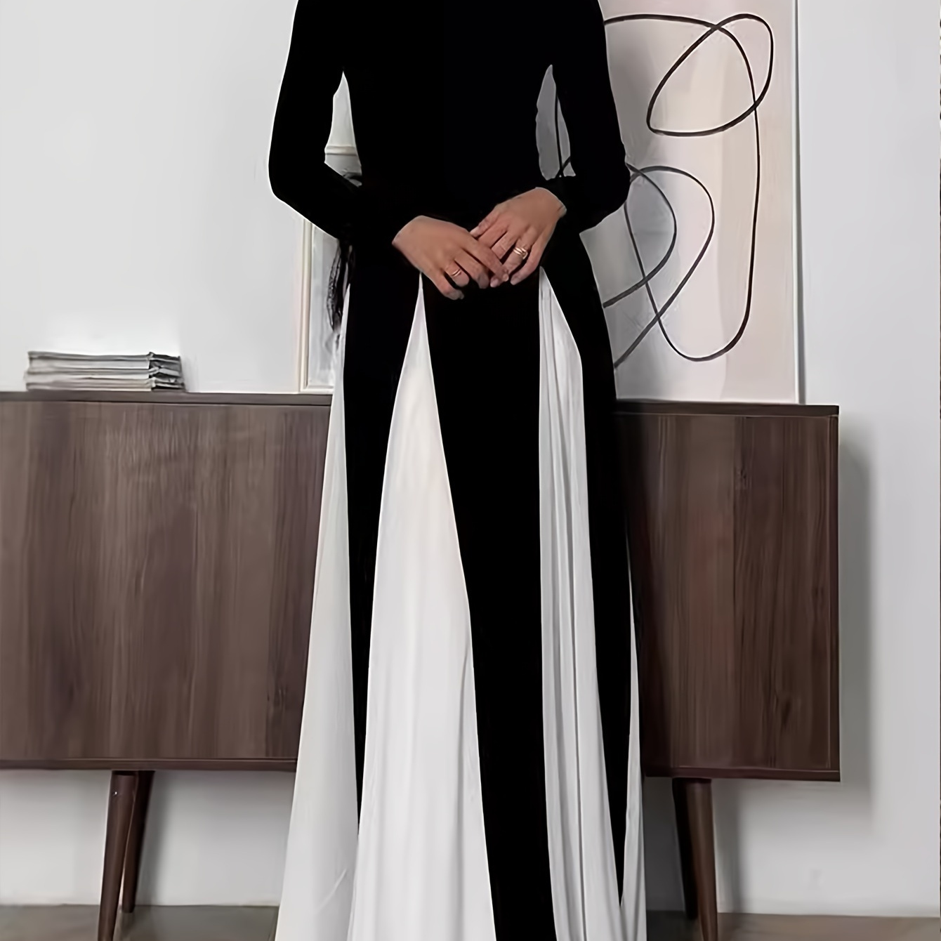 

Elegant Crew Neck Fit And Flare Long Dress With Design, Polyester And Elastane , Long Regular Sleeve, Flared Hem - Women's Formal Evening Gown For All