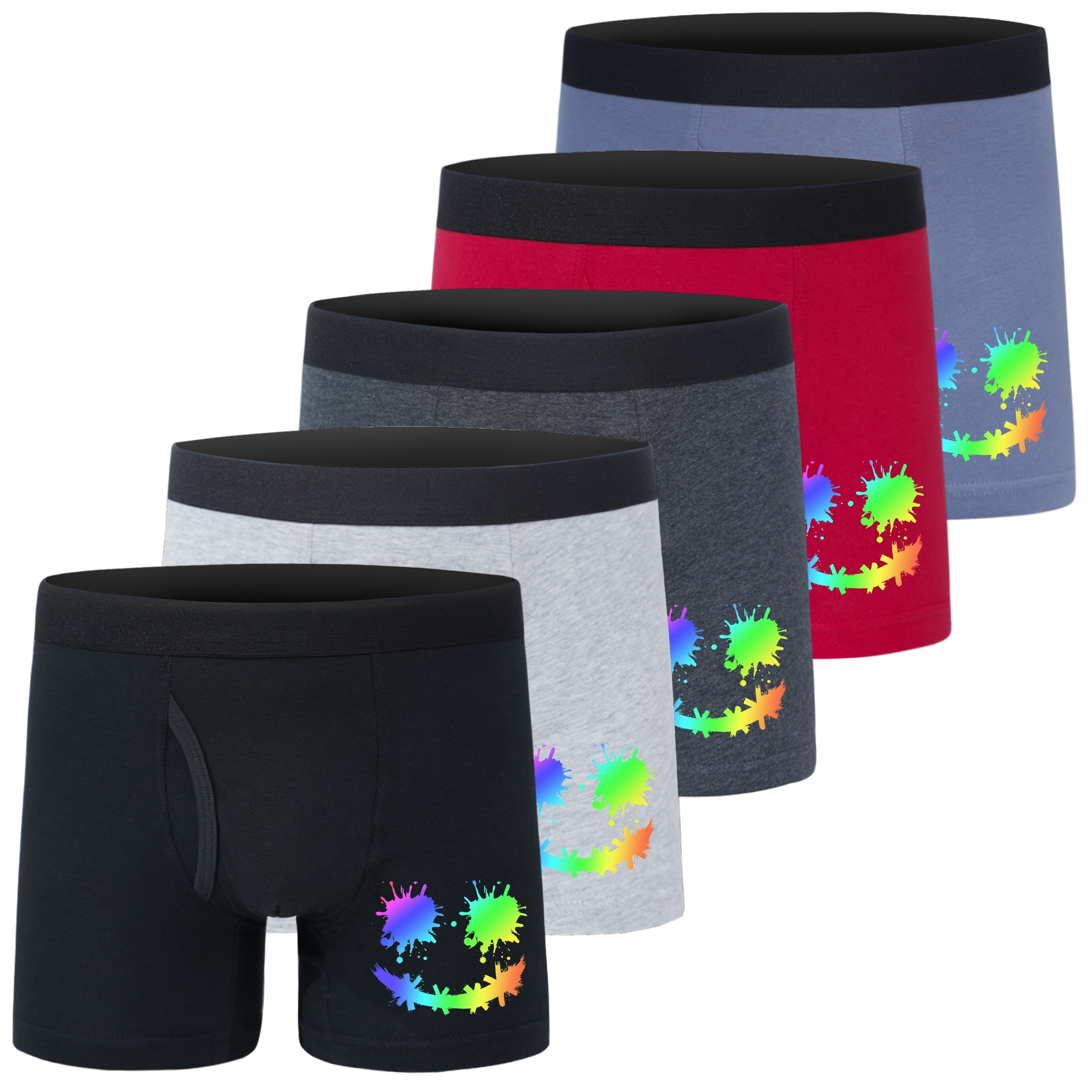 

Ensemble De 5 Boxers Pour Garçons Avec Impression De Visages Souriants Colorés, En Coton Stretch 95% Pour Un Confort Respirant Et Agréable, Idéal Pour Le Sport.