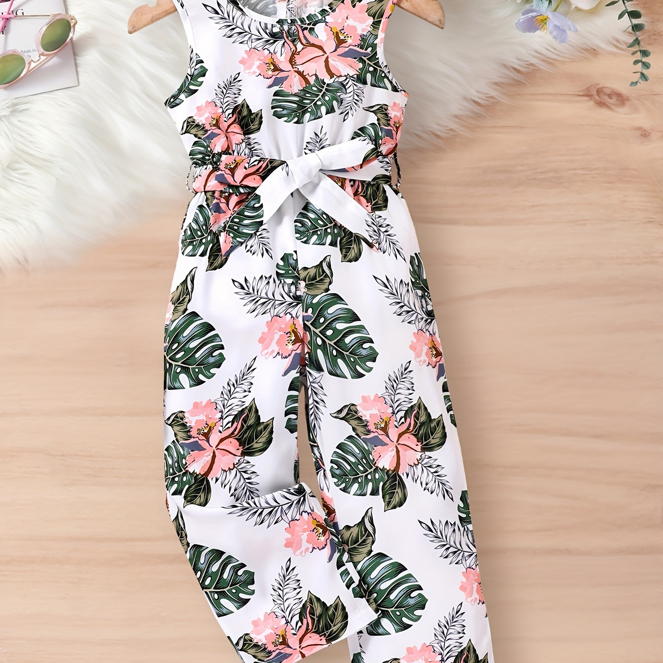 

Sweet Girls Flower Print Crew Neck Sleeveless Jumpsuit For Summer Holiday Gift Party