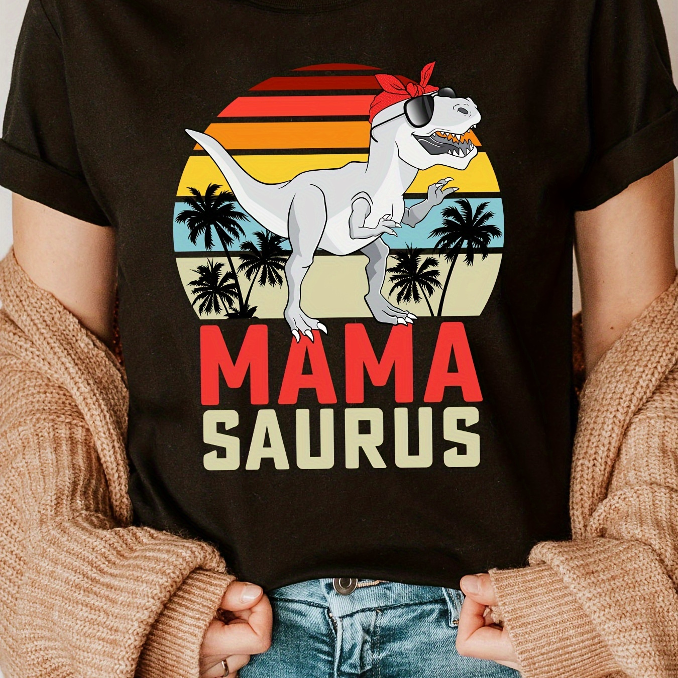 

Mamasaurus Print Crew Neck T-shirt, Short Sleeve Casual Top For Summer & Spring, Women's Clothing