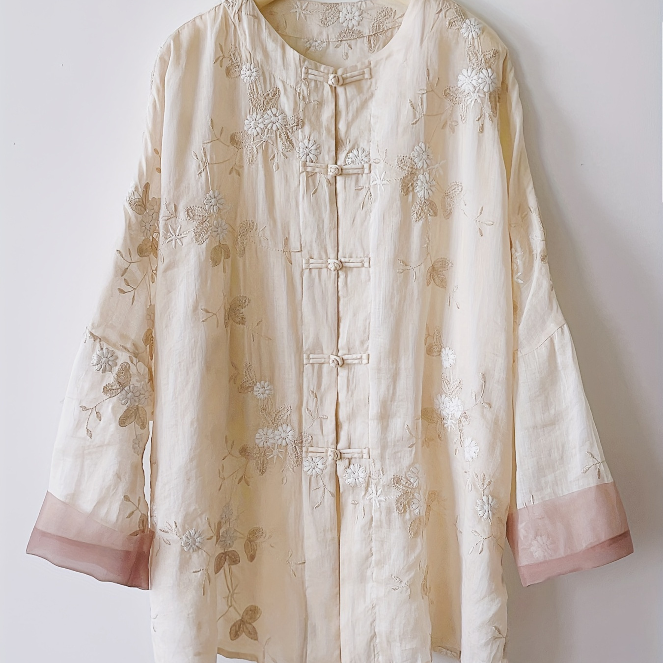 

Floral Embroidered Button Front Blouse, Chinese Style Vintage Long Sleeve Blouse For Spring & Fall, Women's Clothing