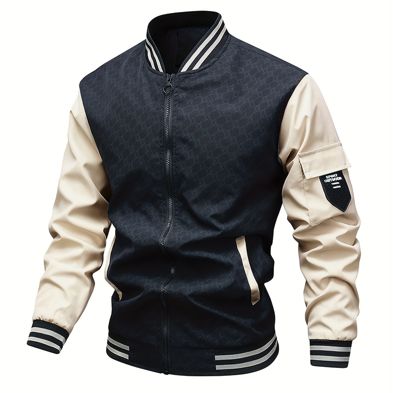 

Men's Casual Zip Up Color Block Bomber Jacket, Chic Baseball Collar Thin Varsity Jacket