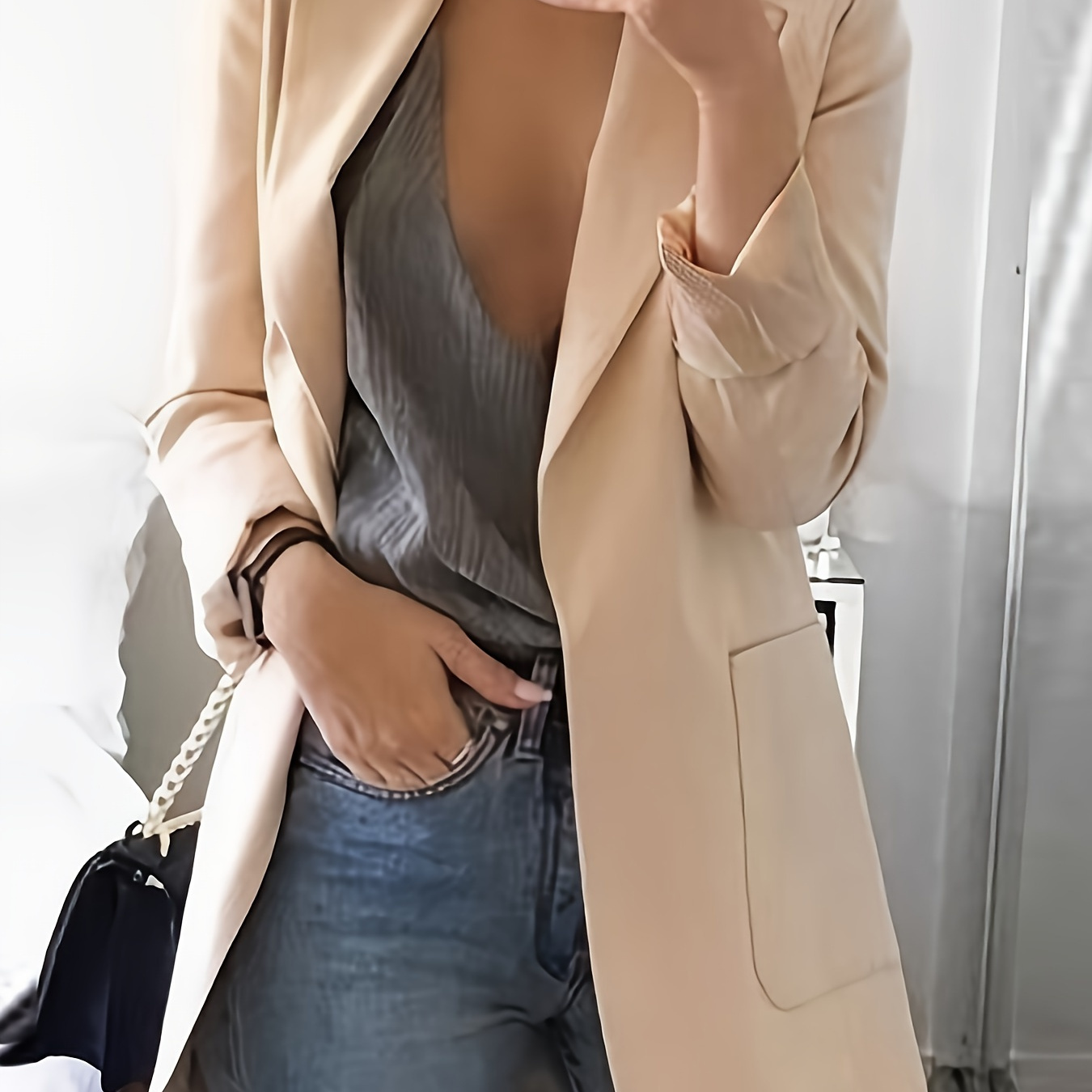 

Open Front Lapel Neck Blazer, Casual Long Sleeve Office Work Blazer With Pocket, Women's Clothing