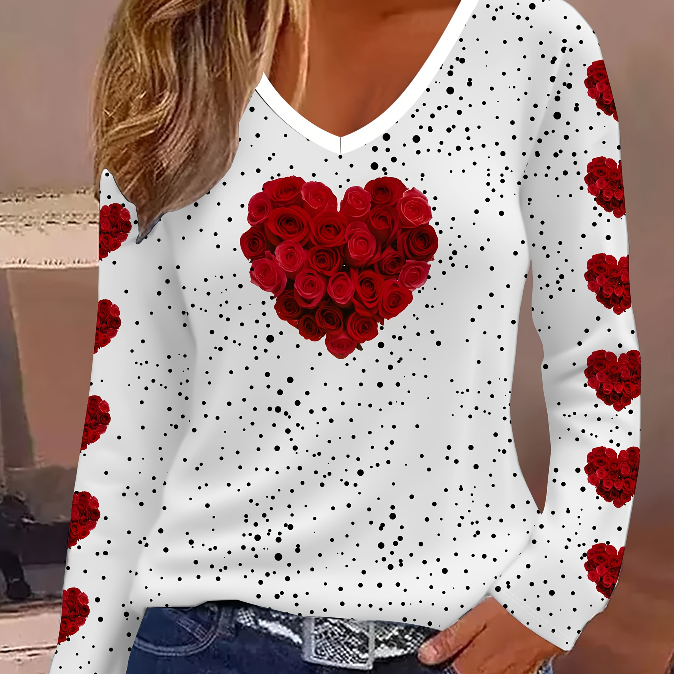 

Elegant Women's Valentine's Day Heart Pattern V-neck Long Sleeve T-shirt - With 3d Print, Stretchy Polyester , Machine Washable - White With Red Roses And