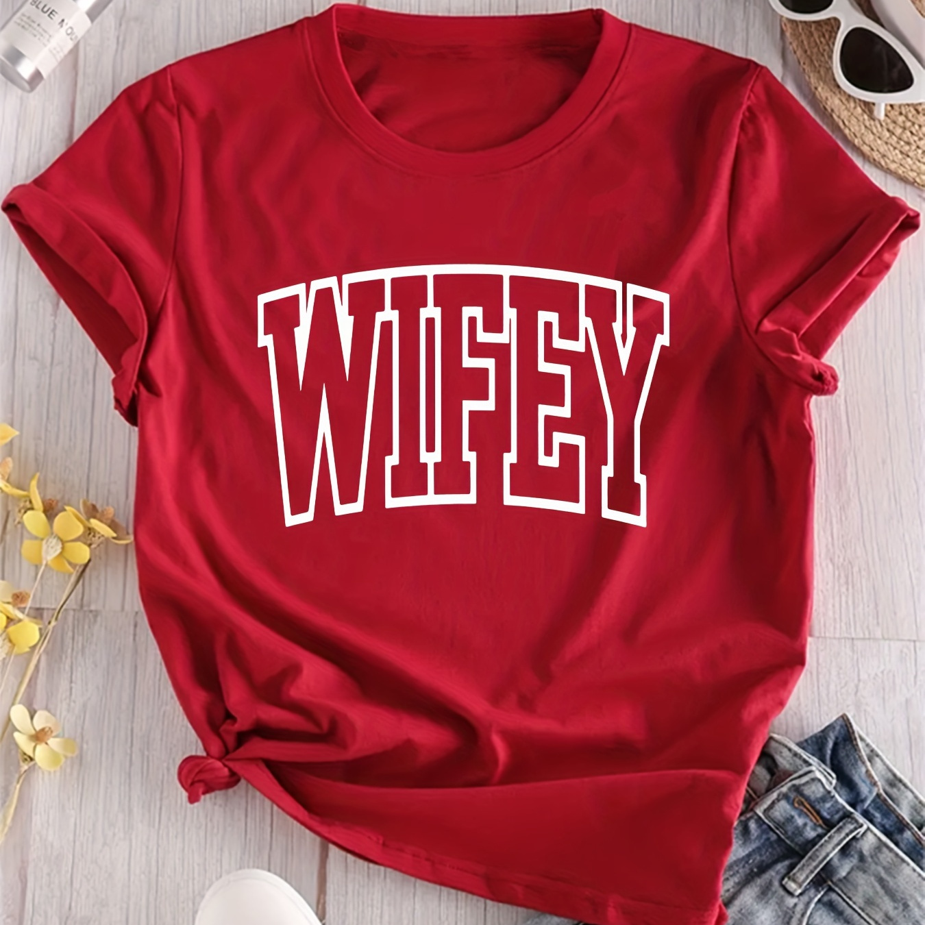 

Plus Size Letter Wifey Print T-shirt, Casual Short Sleeve Top For Spring & Summer, Women's Plus Size Clothing