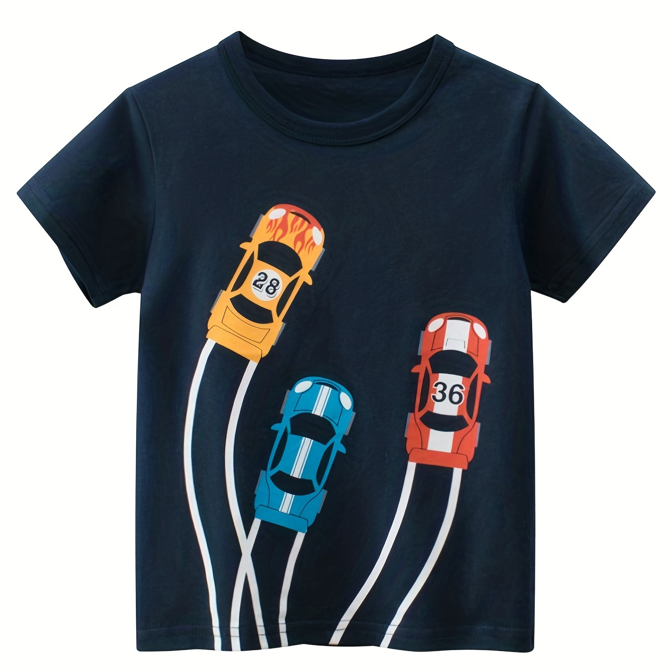 Boys Cartoon Cars Print Casual Short Sleeve Crew Neck Pull On Tops T Shirt Summer Clothes