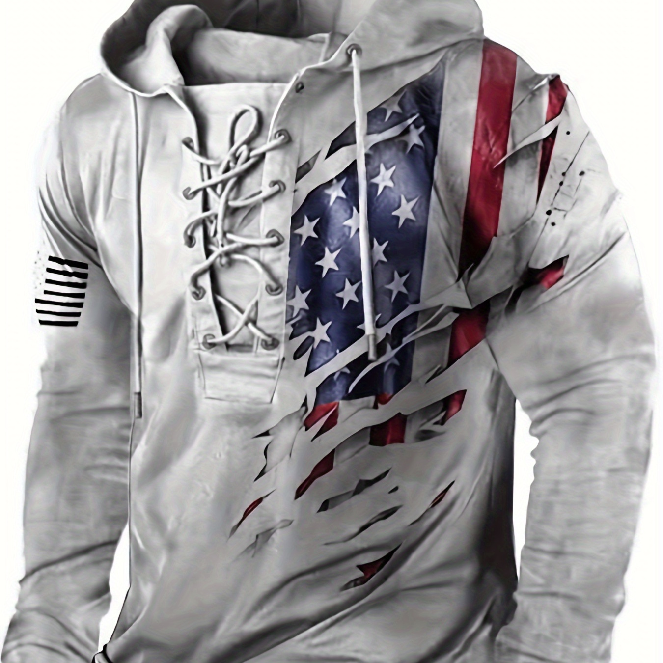 

Retro Flag Print Hoodie, Cool Lace Up Hoodies For Men, Men's Casual Graphic Design Hooded Sweatshirt Streetwear For Winter Fall, As Gifts