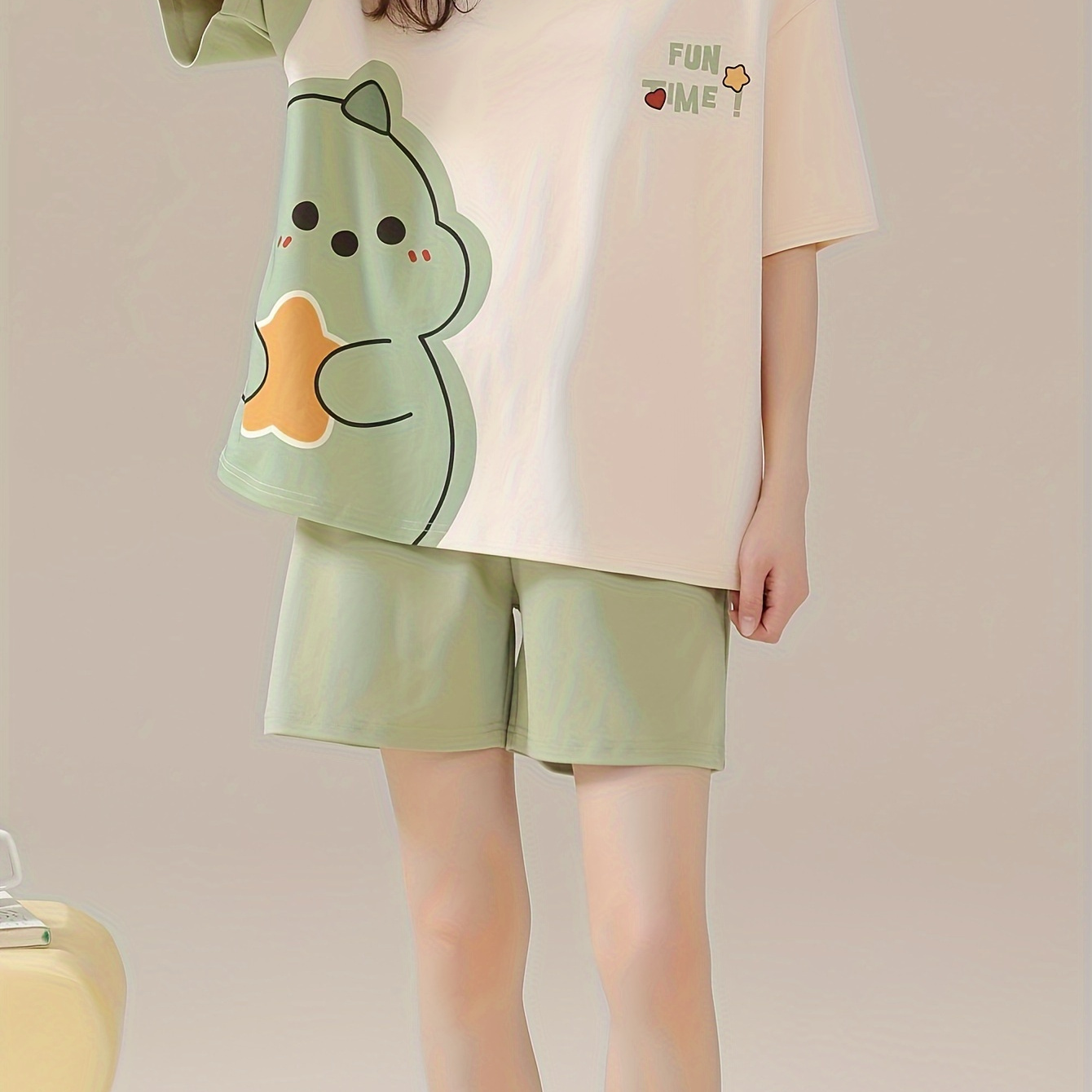 

Cute Dinosaur Print Loose Fit Pajama Set, Short Sleeve Round Neck Top & Elastic Shorts, Women's Sleepwear