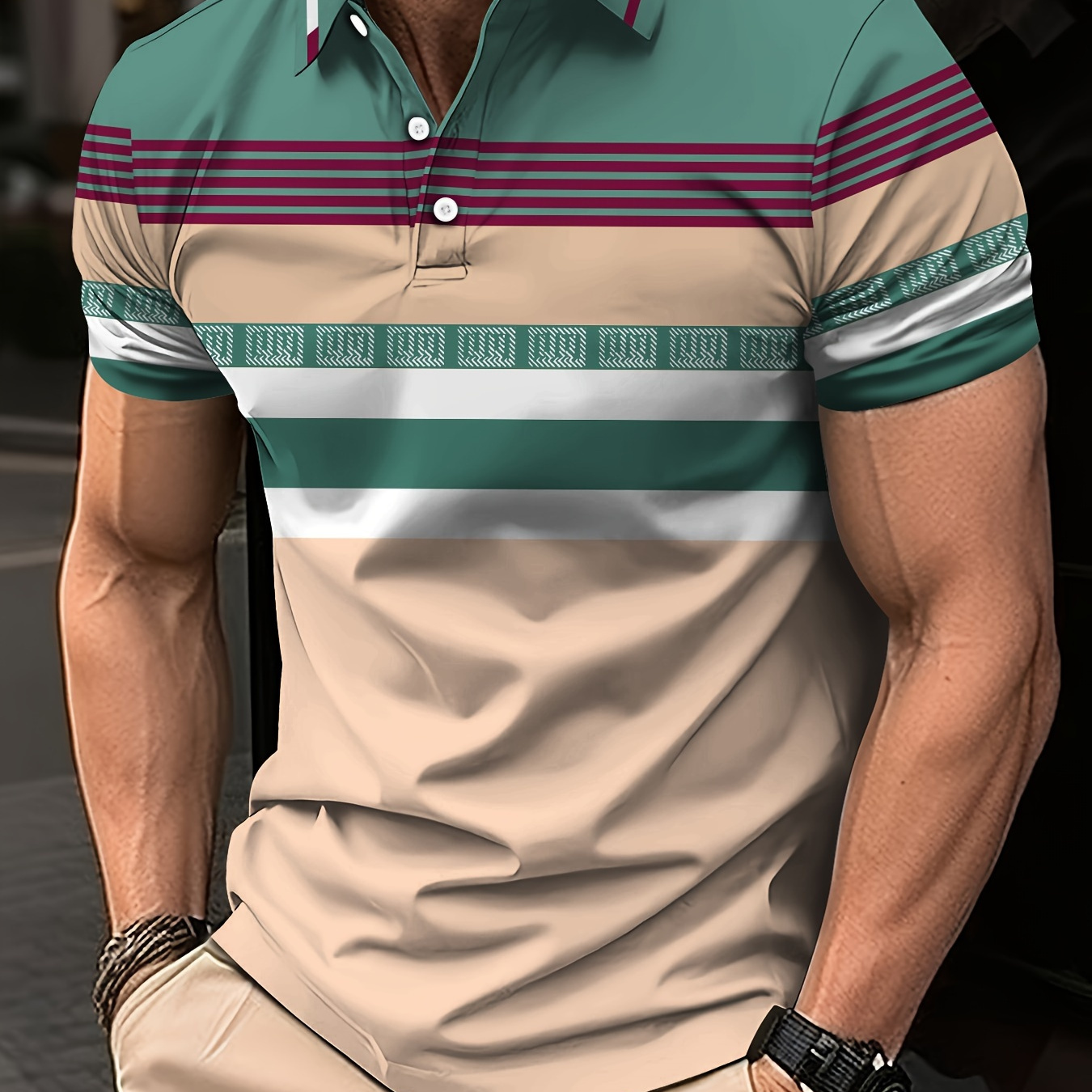 

Plus Size Color Block Stripes Pattern Print Men's Trendy Buttons Golf Shirts, Casual Comfy And Breathable Tops, Men's Clothing For Big & Tall
