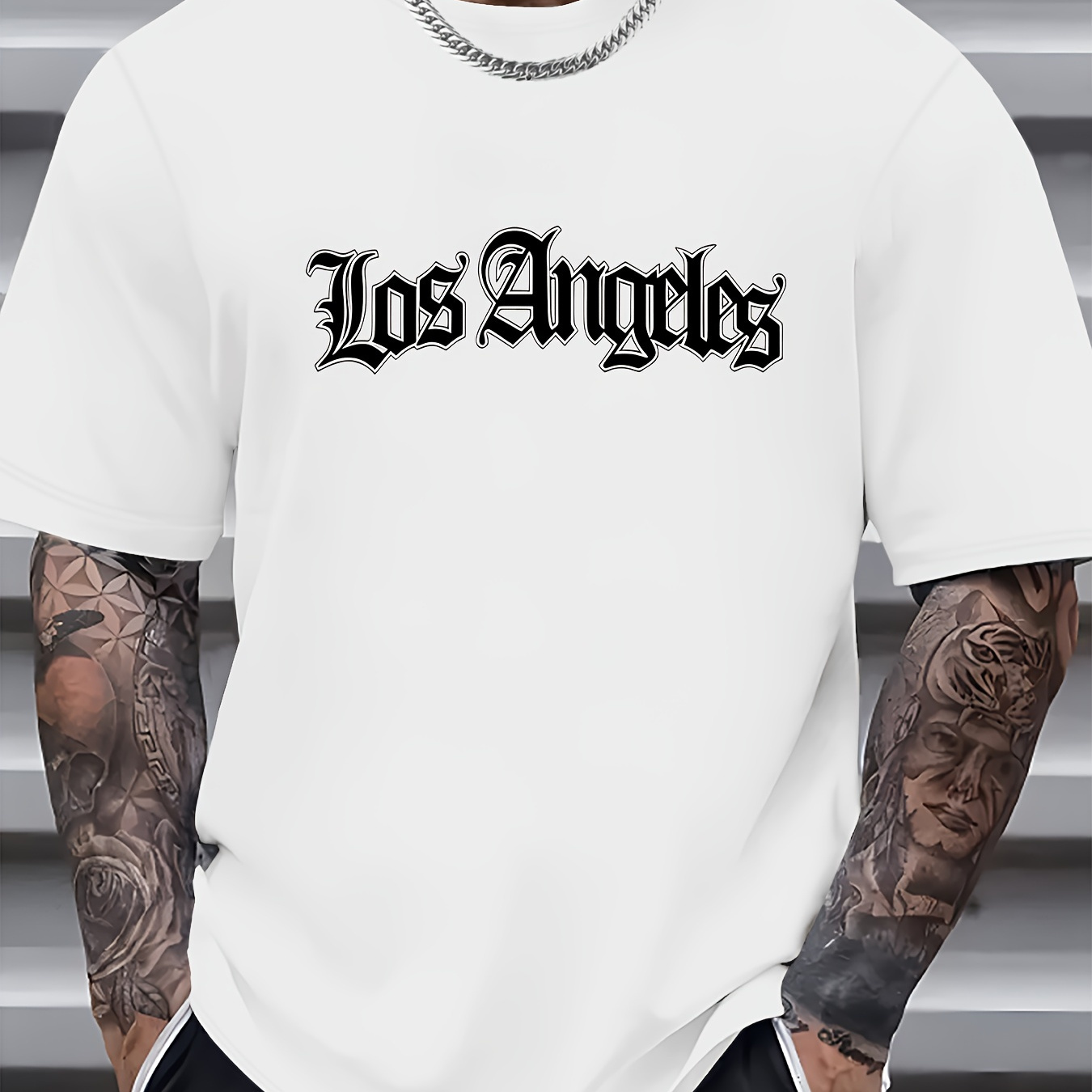 

Haut créatif pour homme avec impression graphique de lettres élégantes de LOS ANGELES, t-shirt décontracté à manches courtes et col rond, vêtement pour homme pour l'été en extérieur